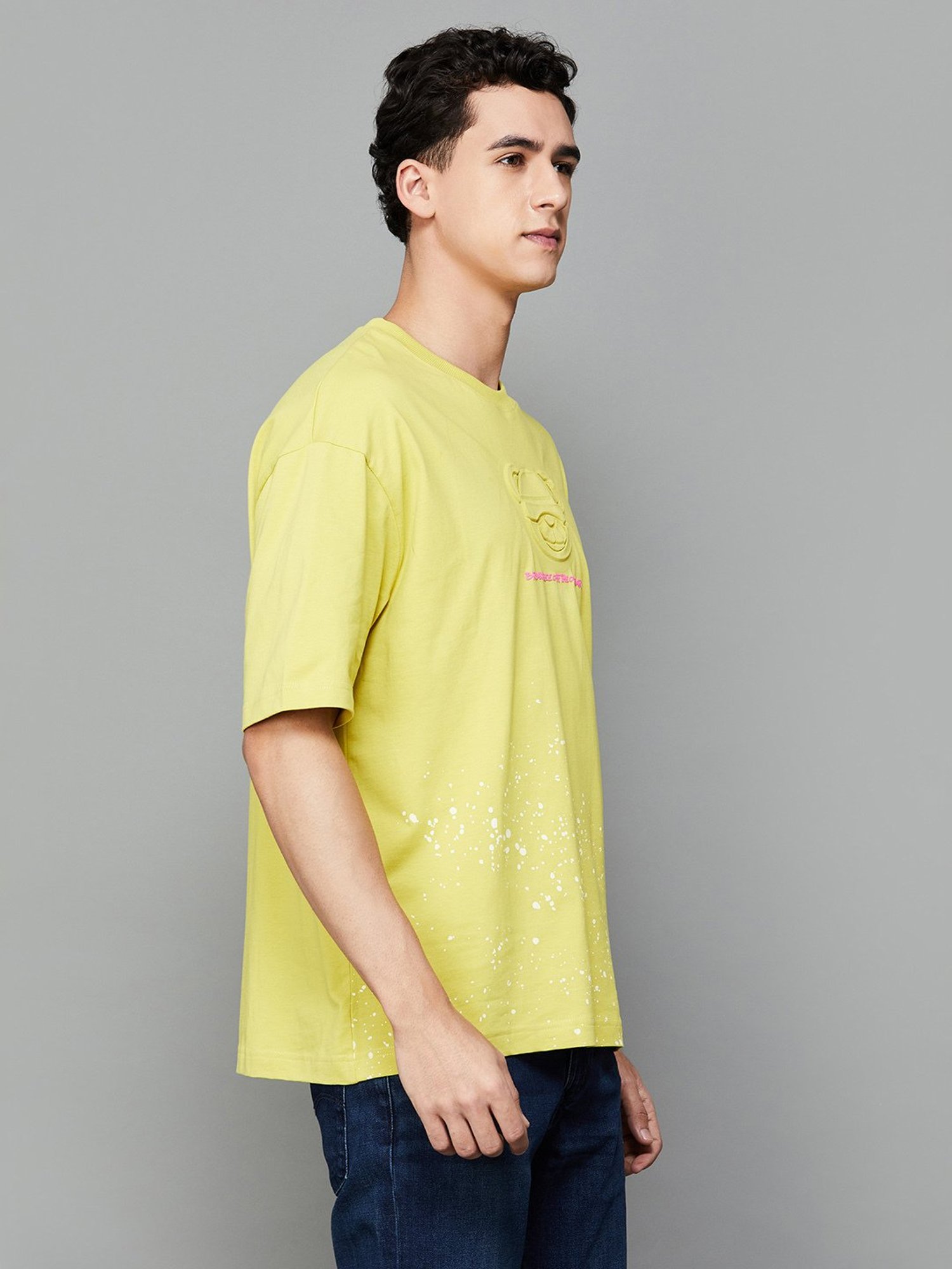 Forca by Lifestyle Lime Yellow Regular Fit Printed Crew T-Shirt