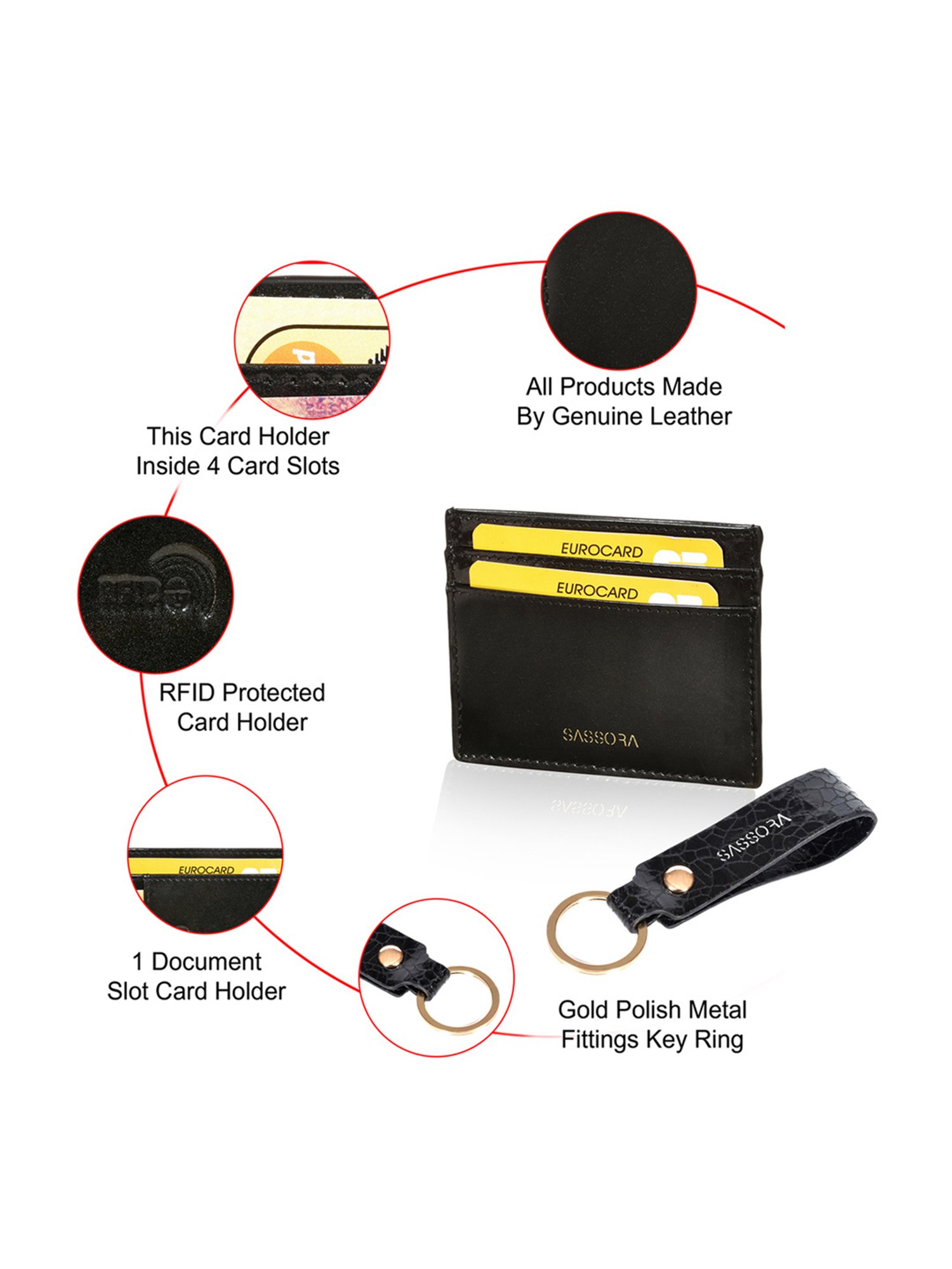 Sassora Black Small Leather Card Holder With Keychain Gift Set (Pack Of 2)