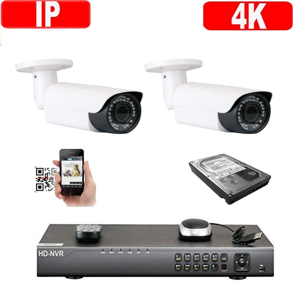 Amview 4Channel 4K H.265 NVR 2592x1920P 5MP PoE IP (2) Bullet 2.8-12mm Varifoval Zoom Lens Security Camera System IP66 ONVIF 42IR