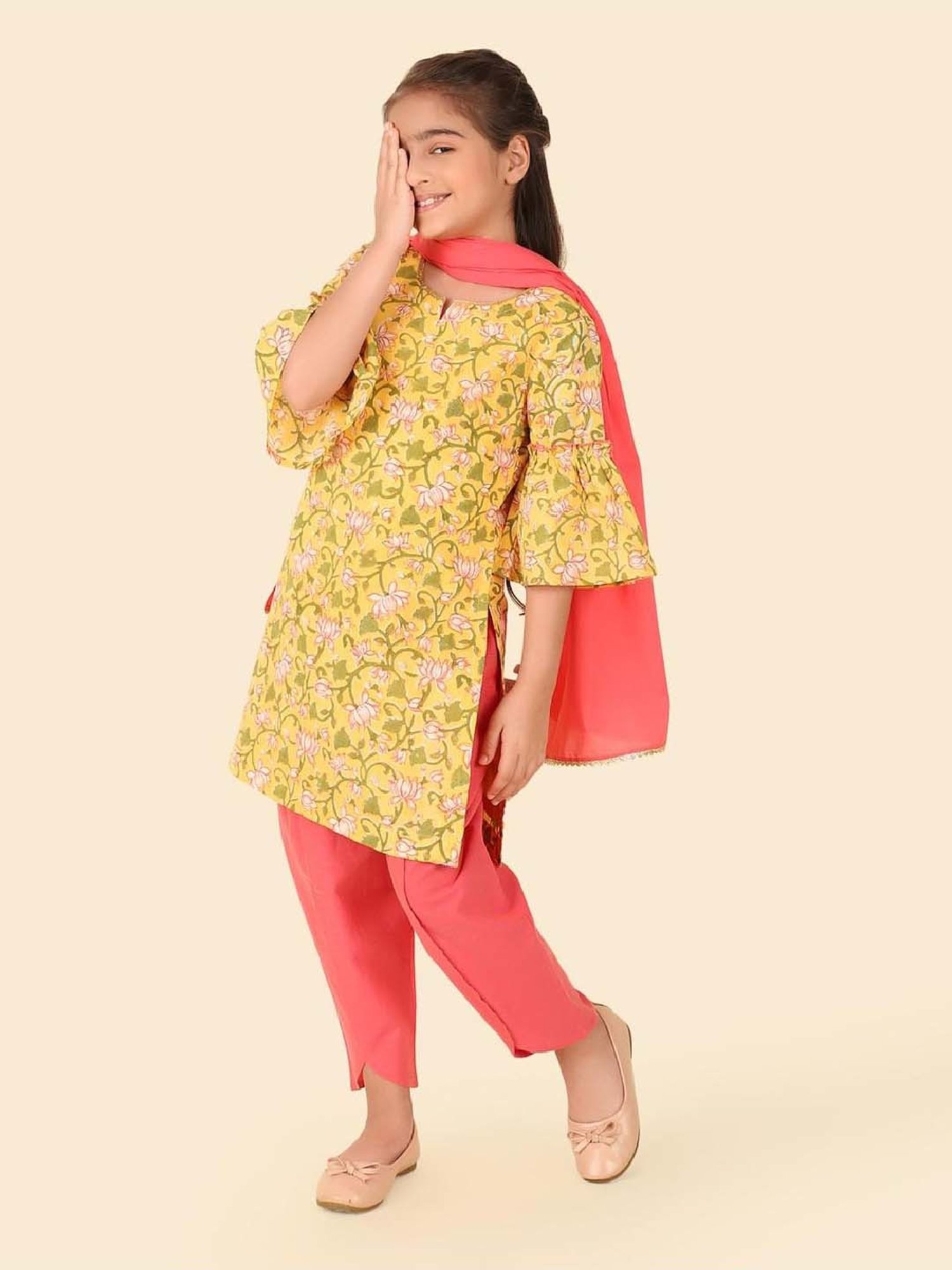 Fabindia Girls Yellow & Pink Cotton Printed Salwar Set