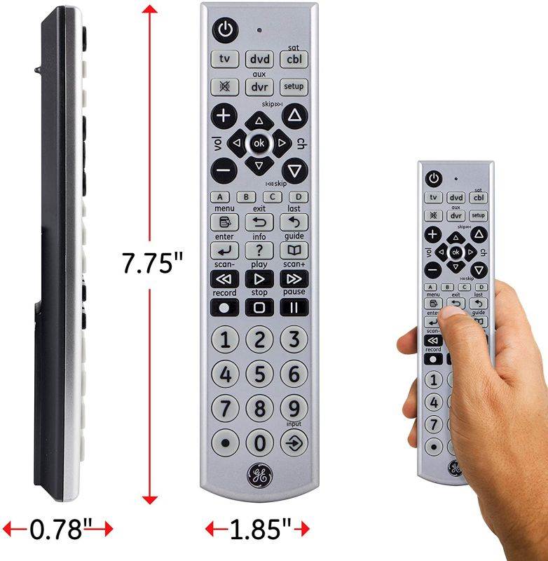 GE Big Button Universal Remote Control for Samsung, Vizio, Lg, Sony, Sharp, Roku, Apple TV, TCL, Panasonic, Smart TVs, Streaming Players, Blu-Ray, DVD, 4-Device, Silver, 34931