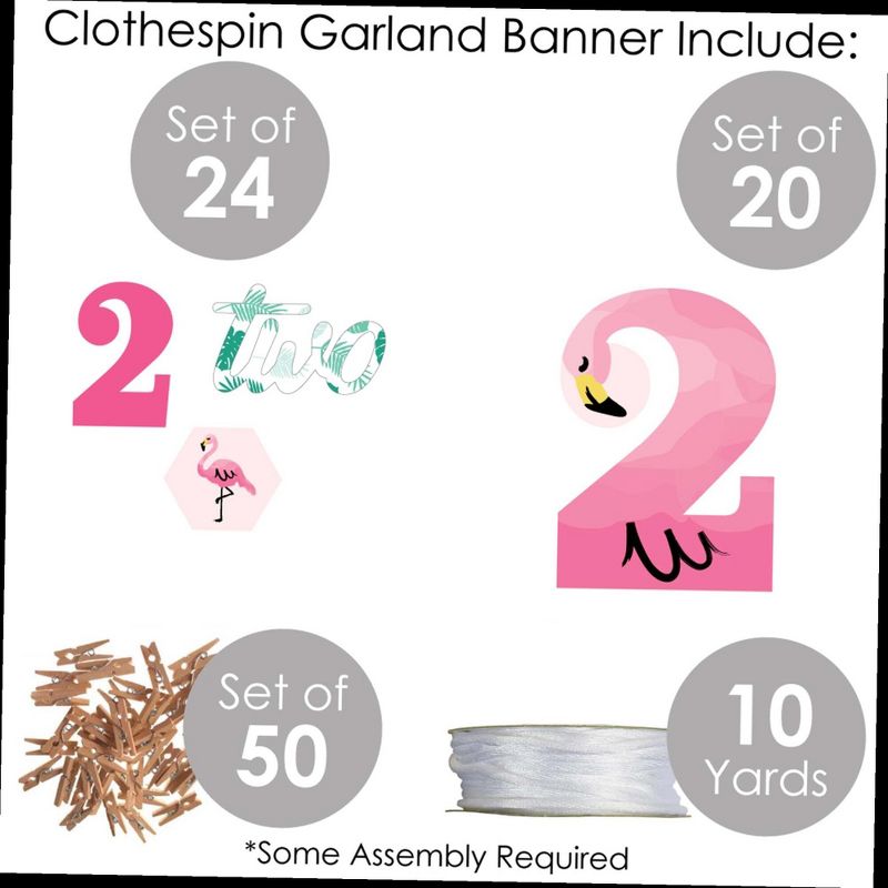 Big Dot of Happiness 2nd Birthday Pink Flamingo - Second Birthday Party DIY Decorations - Clothespin Garland Banner - 44 Pieces