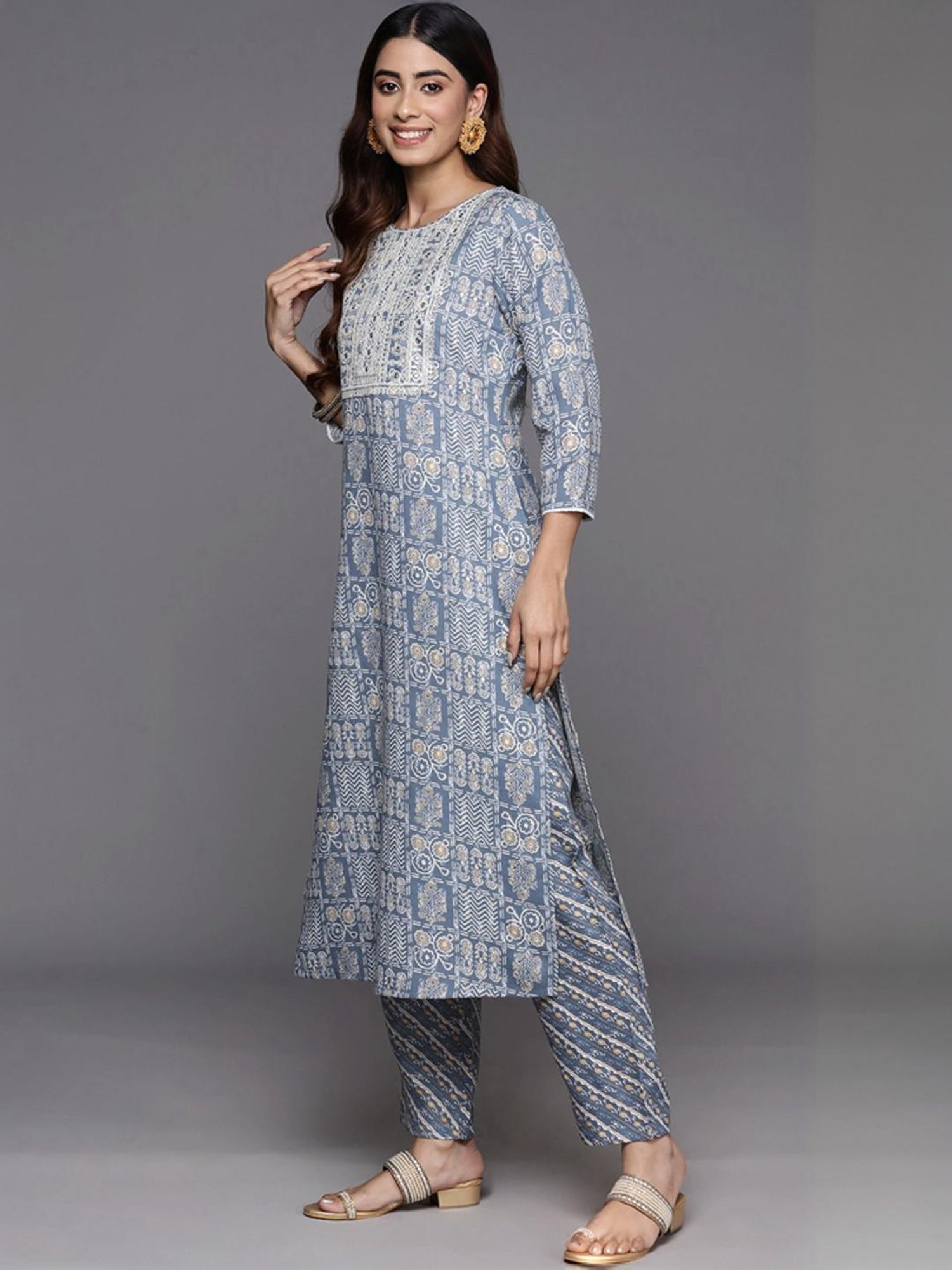 Varanga Blue Printed Kurta Pant Set With Dupatta