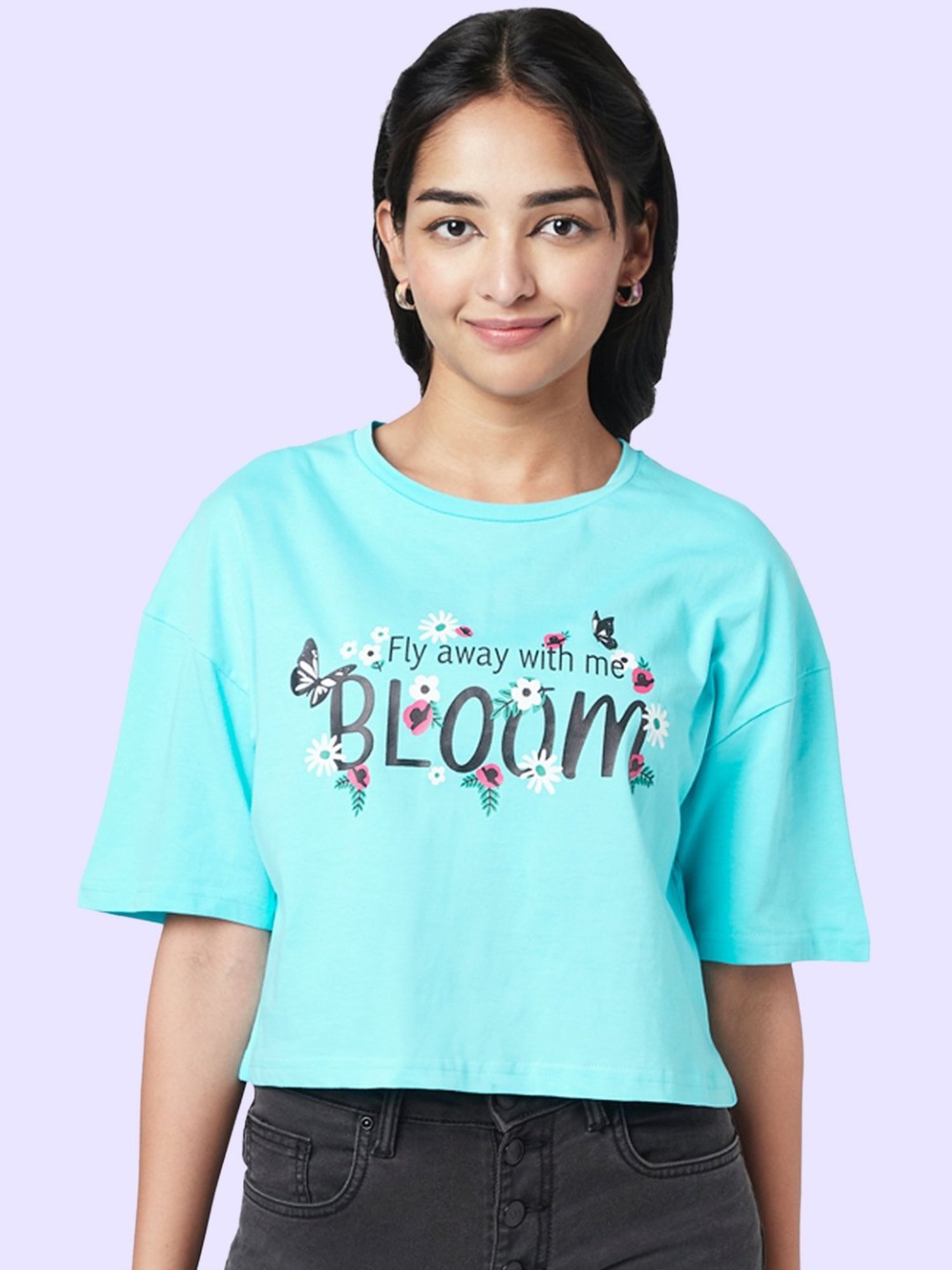 YU by Pantaloons Turquoise Cotton Graphic Print Top