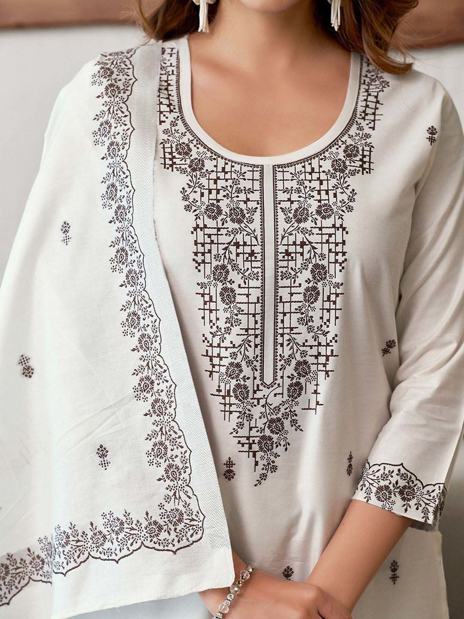 Skylee White & Brown Cotton Woven Pattern Kurta Pant Set With Dupatta