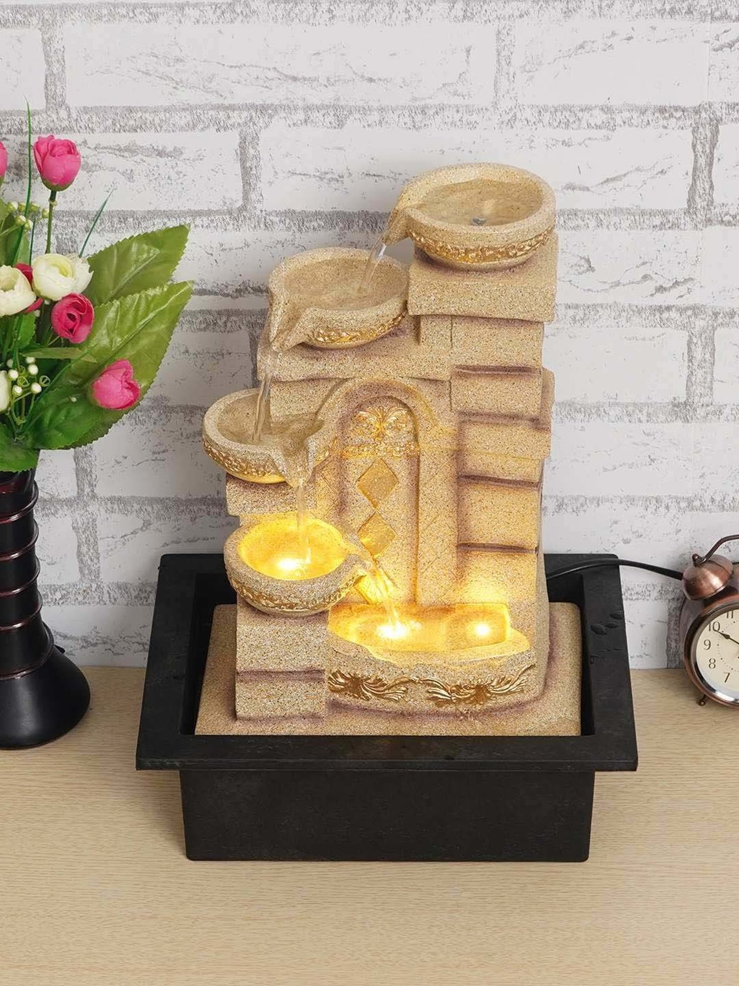 CHRONIKLE Cream Polyresin Table Top 4 Steps Waterfall Fountain