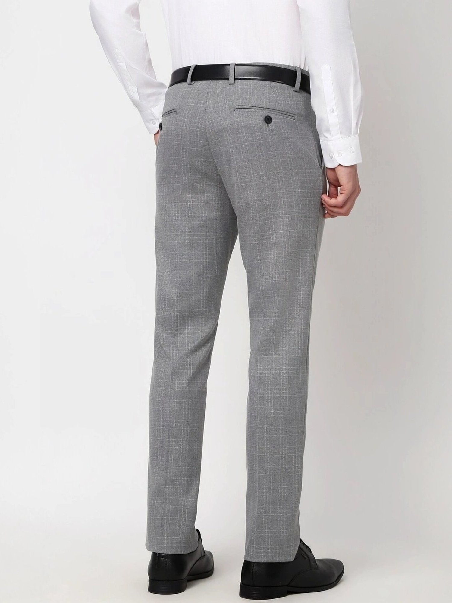 Peter England Grey Slim Fit Checks Trousers