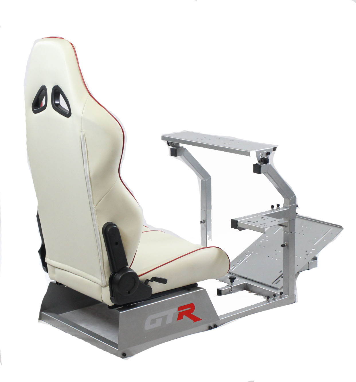 GTR Racing Simulator GTA-S-S105LWHTRD GTA Model Silver Frame with White/Red Real Racing Seat, Driving Simulator Cockpit Gaming Chair with Gear Shifter Mount