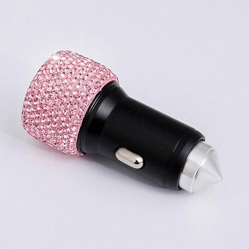 USB Car Charger 5V21A Pink Crystal Decoration Dual Port Fast Adapter with 39ft Nylon Type CMicro USB 3in1 Multi Charging Cable for iPhone iPad Android Car Interior Accessories for Women