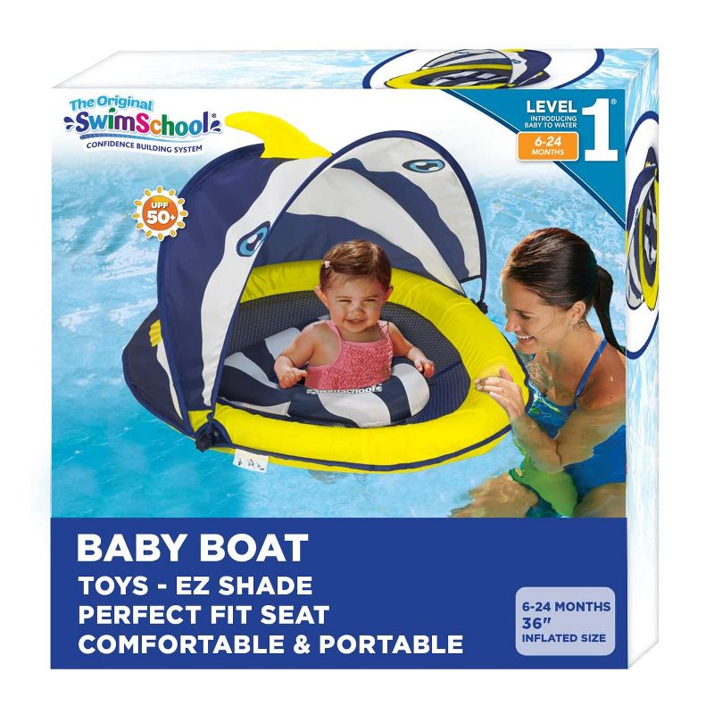 SwimSchool Perfect Fit BabyBoat Level 1 Fish Pool Float with Sunshade Canopy, Dual Air Pillow Chambers, and Adjustable Safety Seat, Navy/White