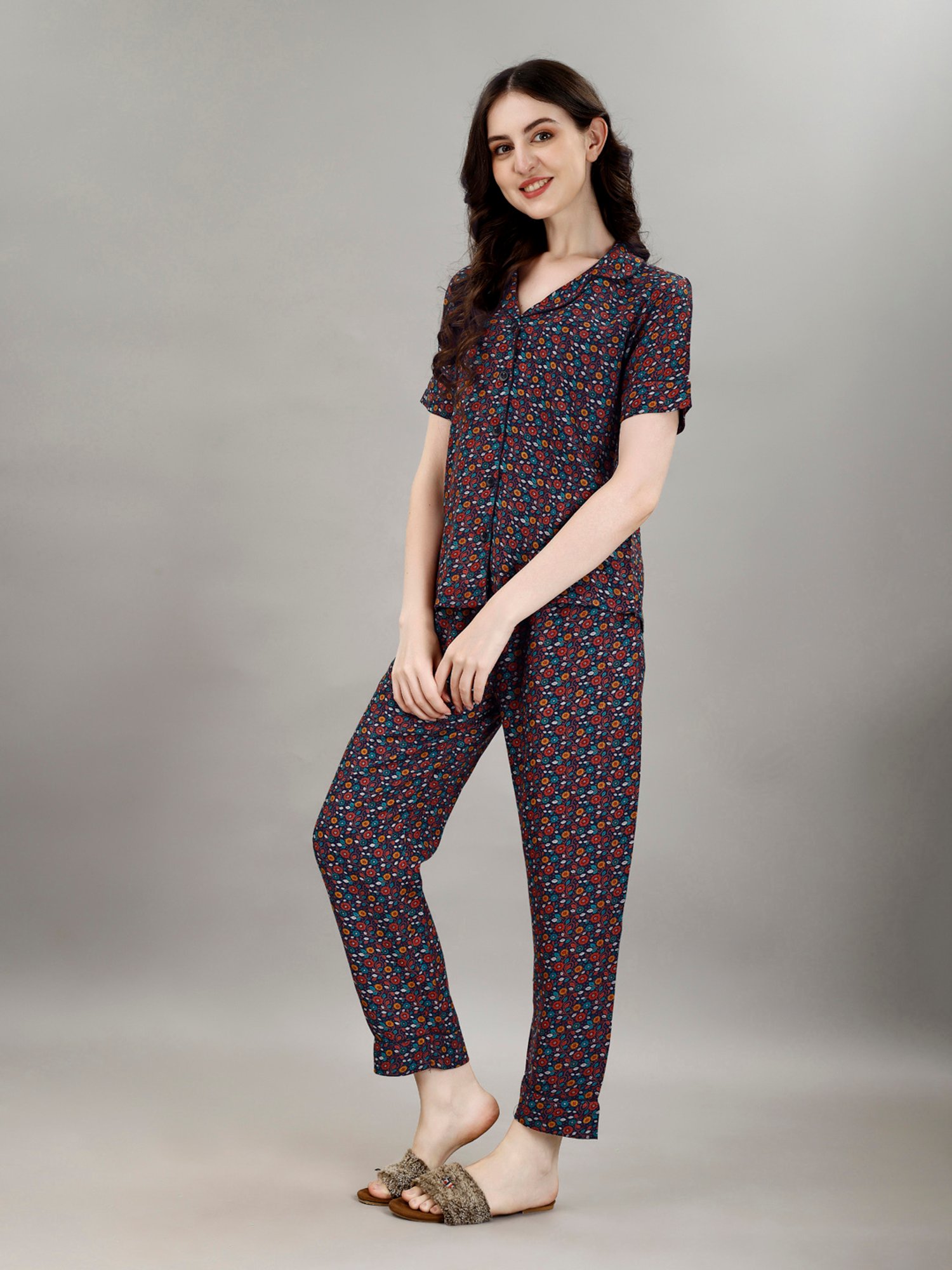 Smarty Pants Navy Floral Print Shirt With Pyjamas