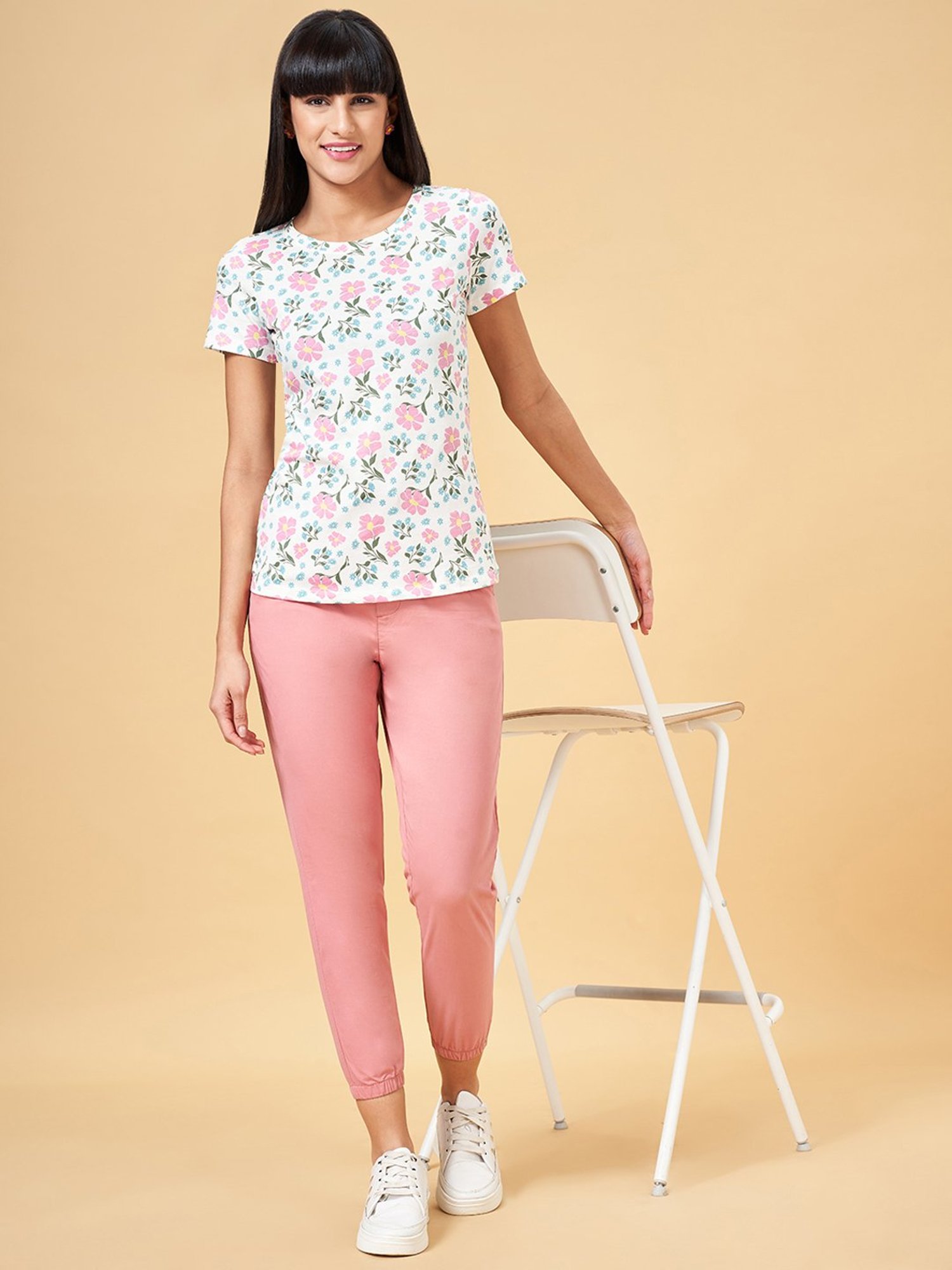 Honey by Pantaloons Star White Cotton Floral Print T-Shirt