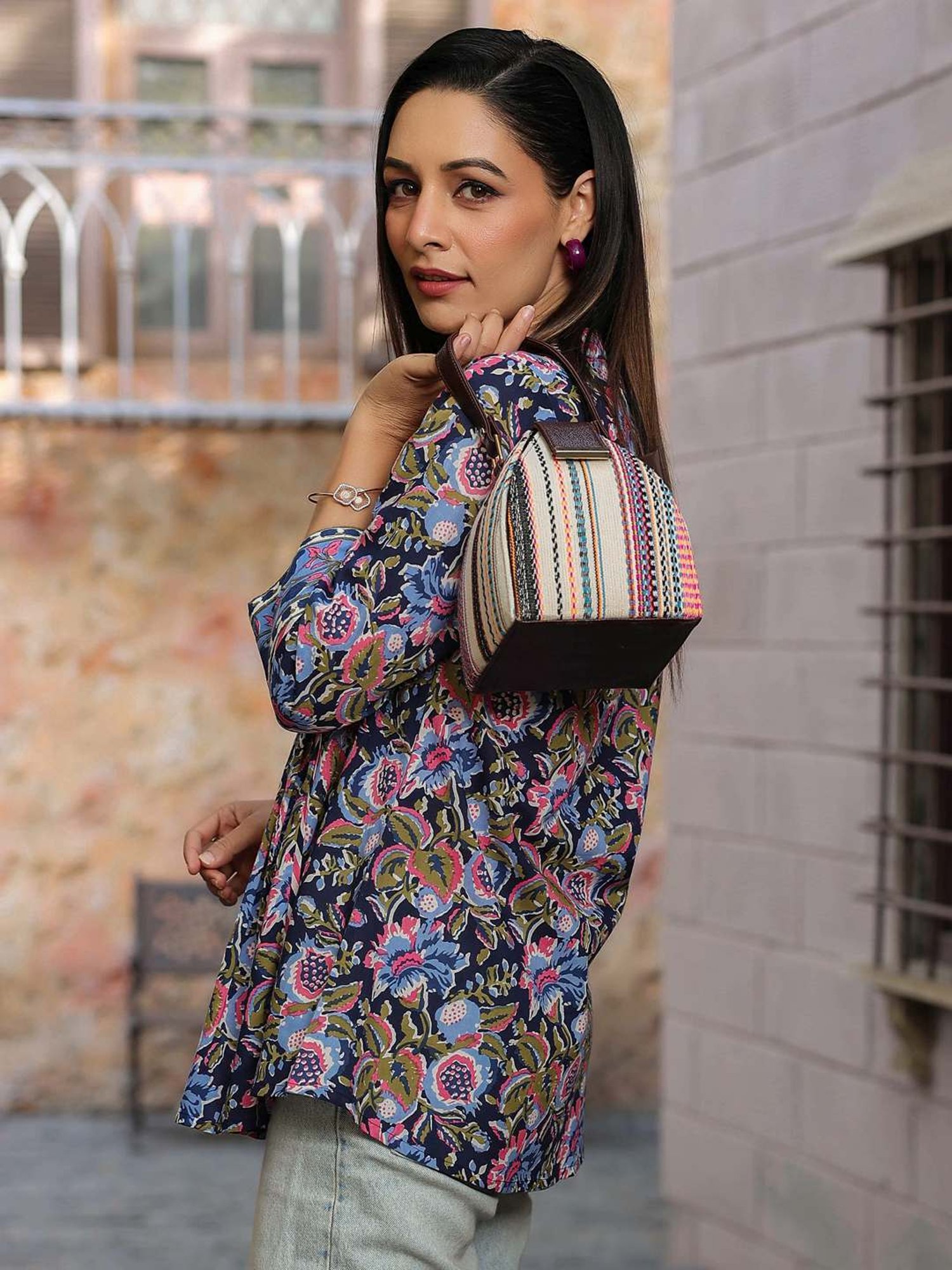 Rain and Rainbow Blue Cotton Floral Print Top