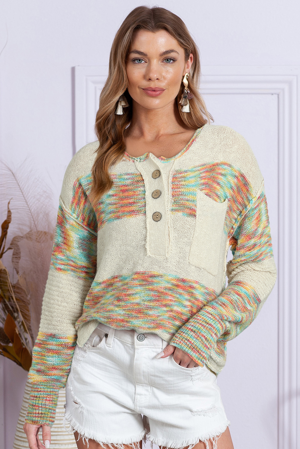 Yellow Drop Shoulder Henley Pullover Sweater With Slits