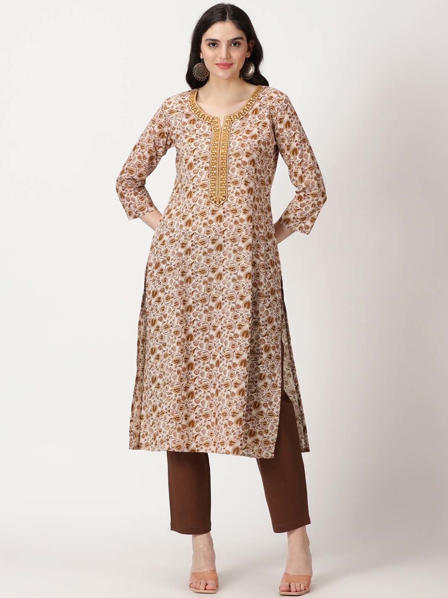 Saffron Threads Beige Printed Straight Kurta