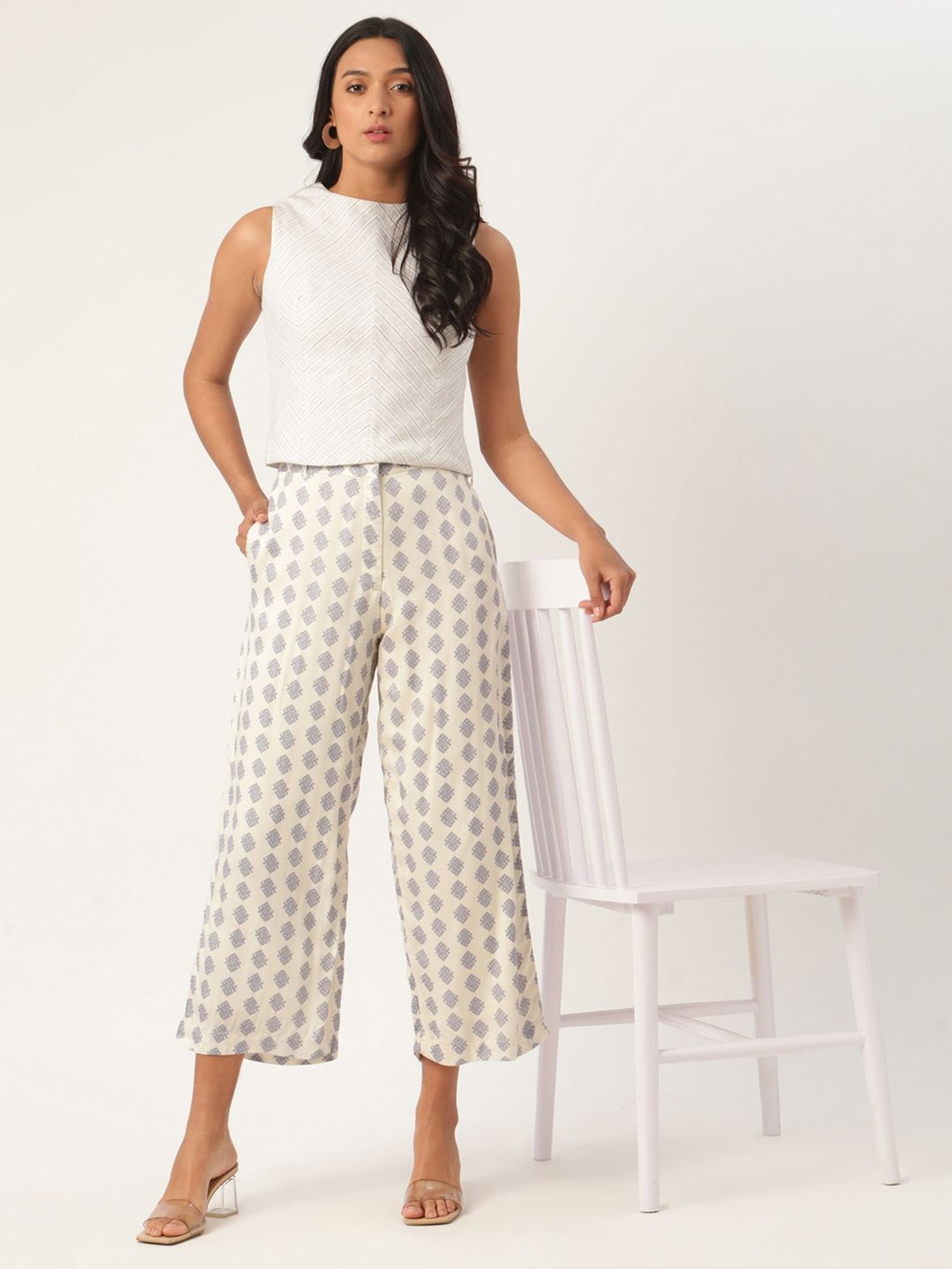 Rooted Beige & Blue Printed Trousers