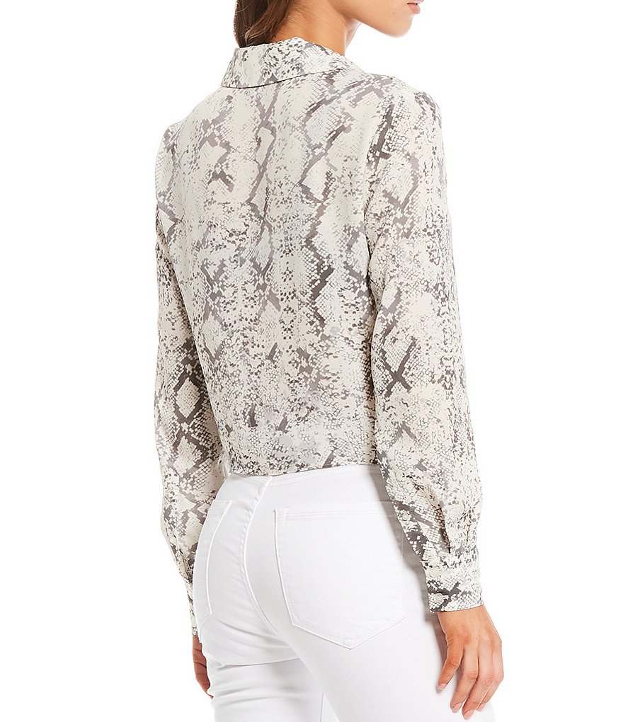 Gianni Bini Rebecca Snake Print Satin Button Front Tie Hem Blouse