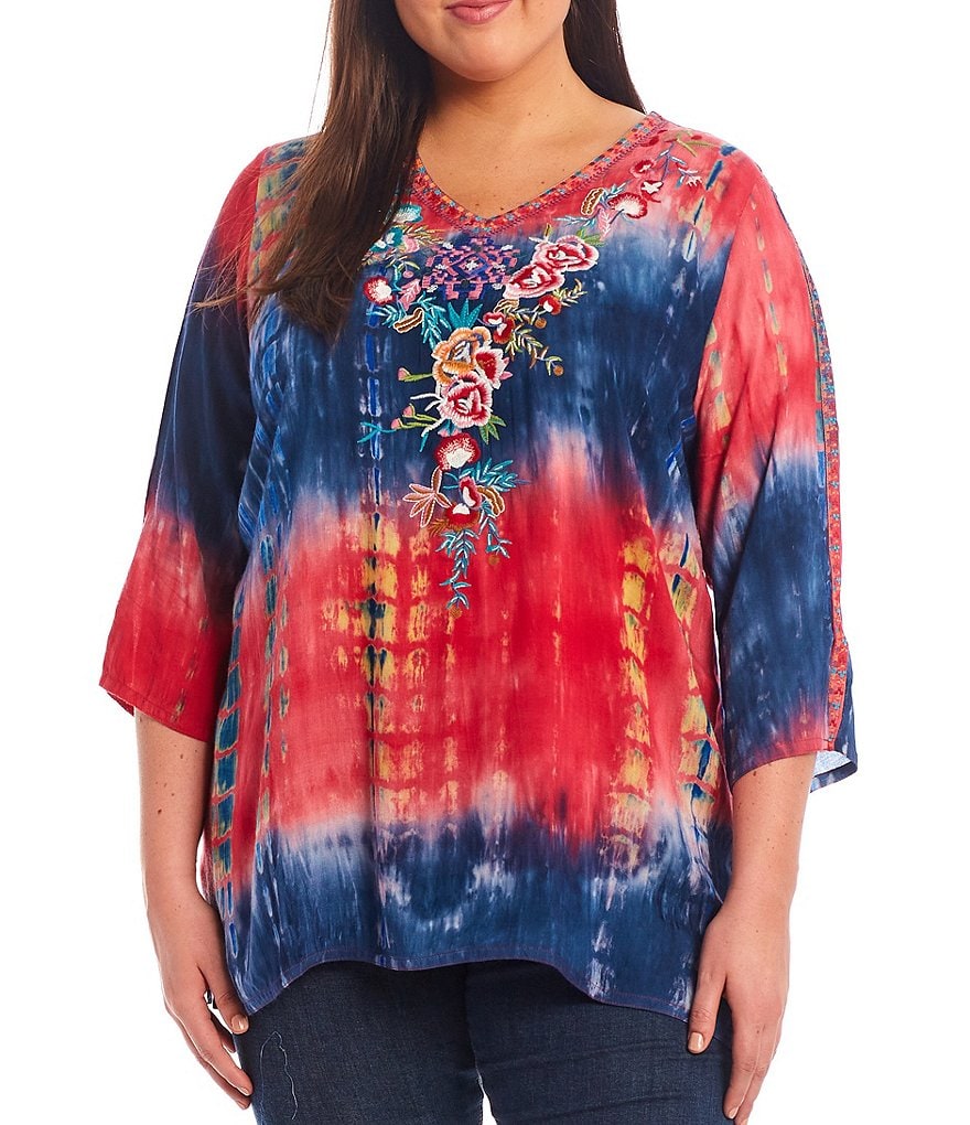 Calessa Plus Size Tie-Dye Floral Embroidered 3/4 Sleeve V-Neck Tunic
