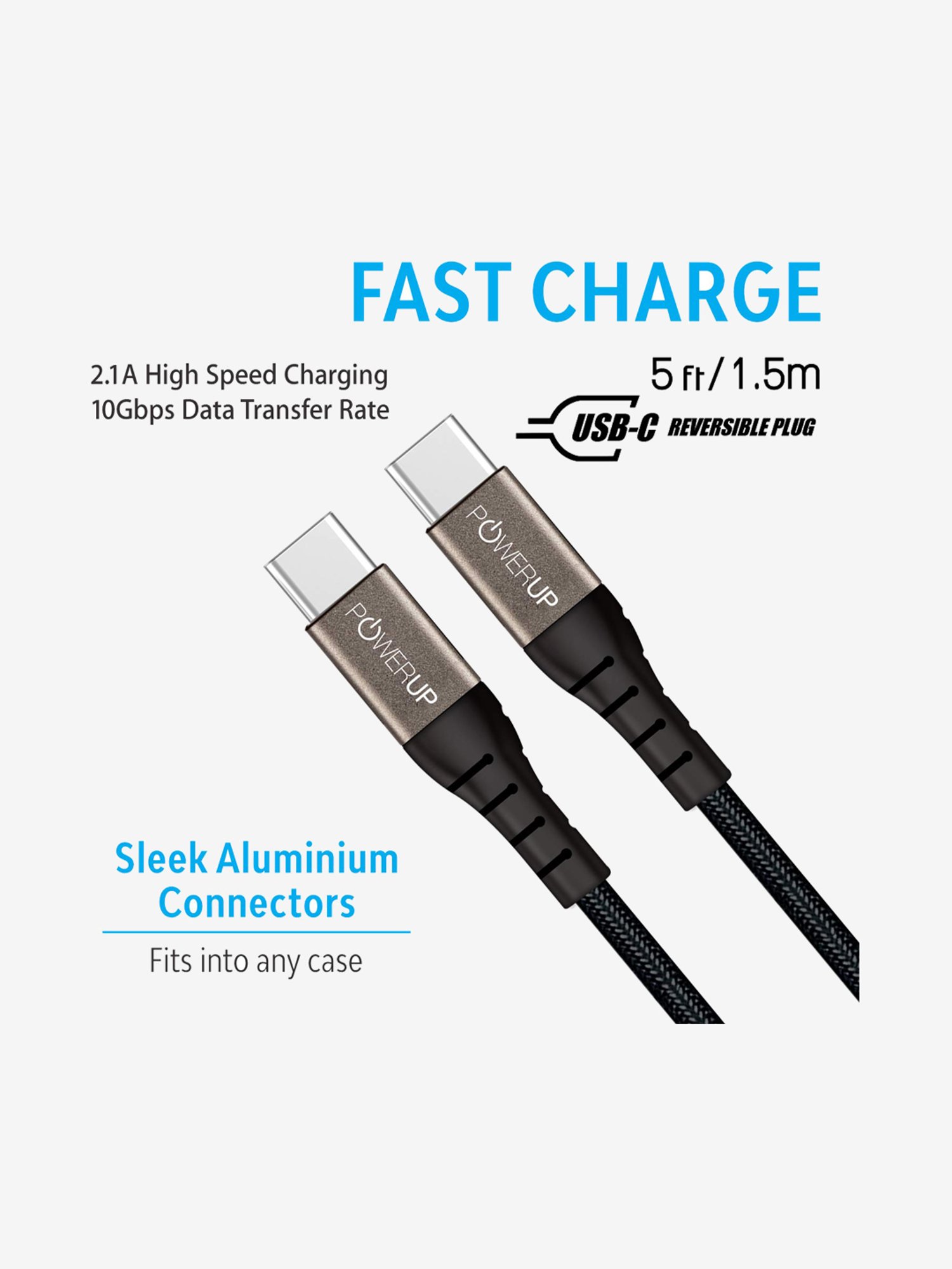 Powerup Nylon Braided USB-C to USB-C Sync & Charge Cable (Black)