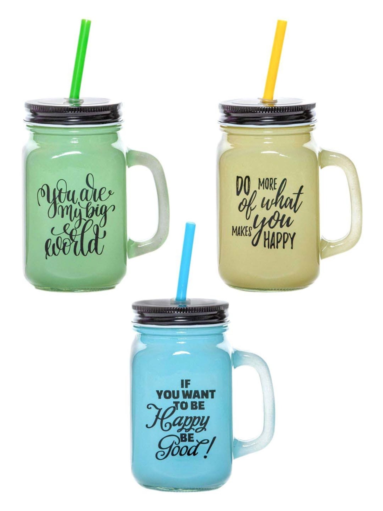 Goodhomes Multicolor Glass Mason Jar With Metal Lid & Straw (0.45 L) - Set of 3