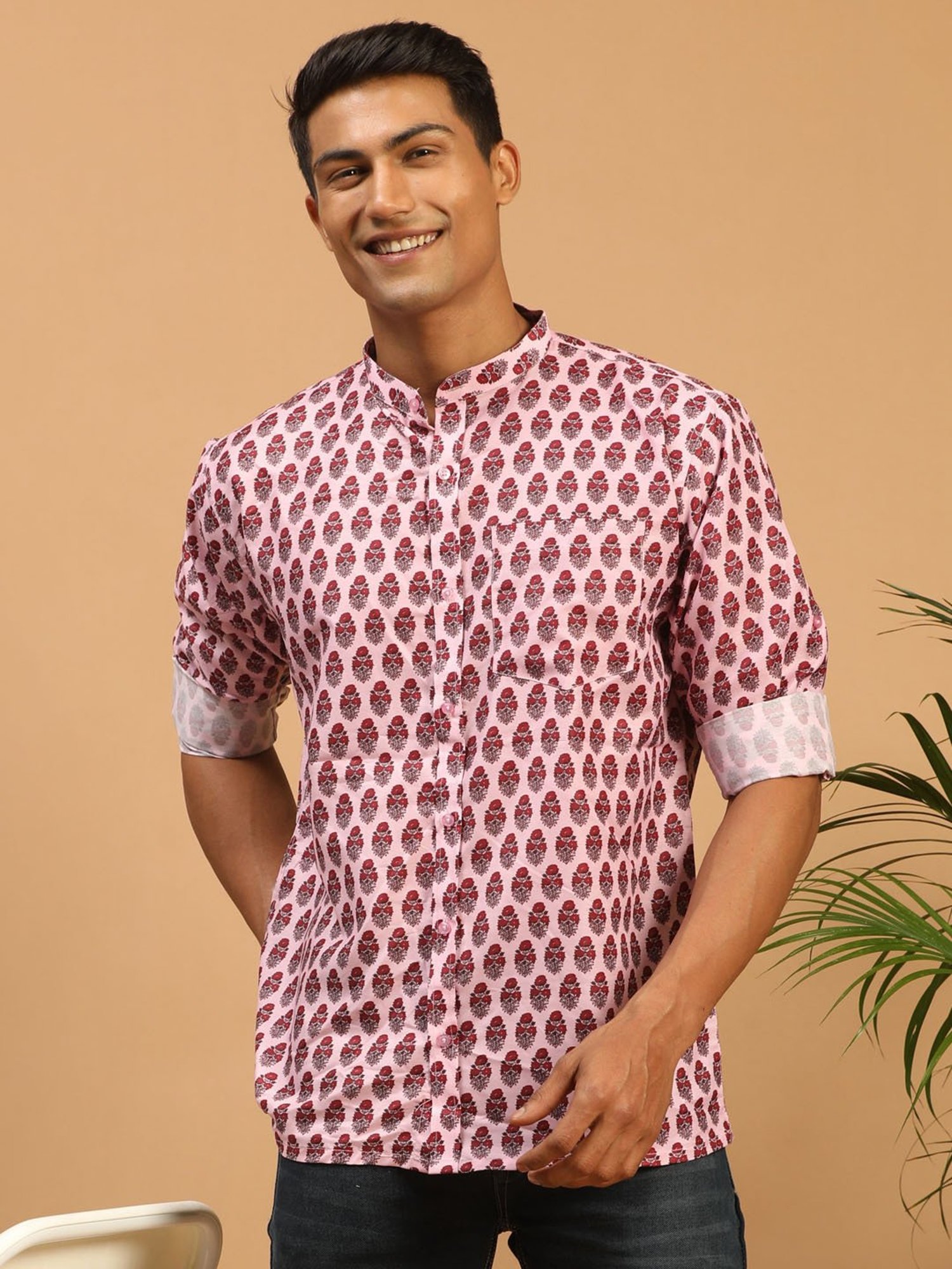 VASTRAMAY Pink Regular Fit Printed Shirt