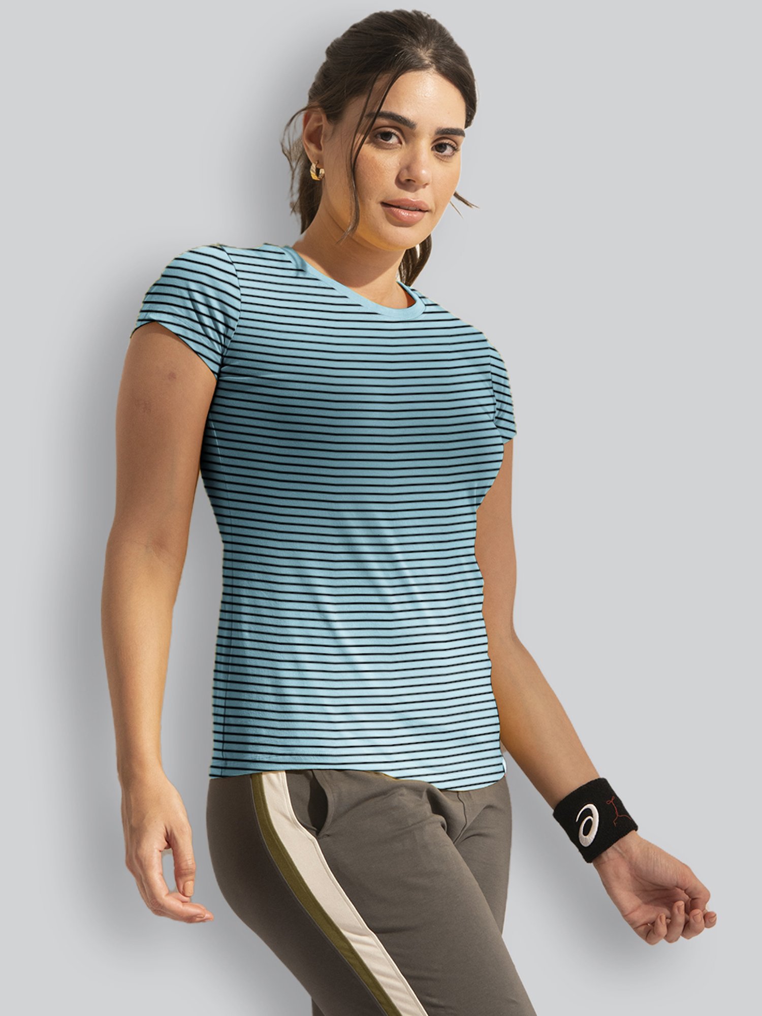Lyra Teal Blue Cotton Striped T-Shirt