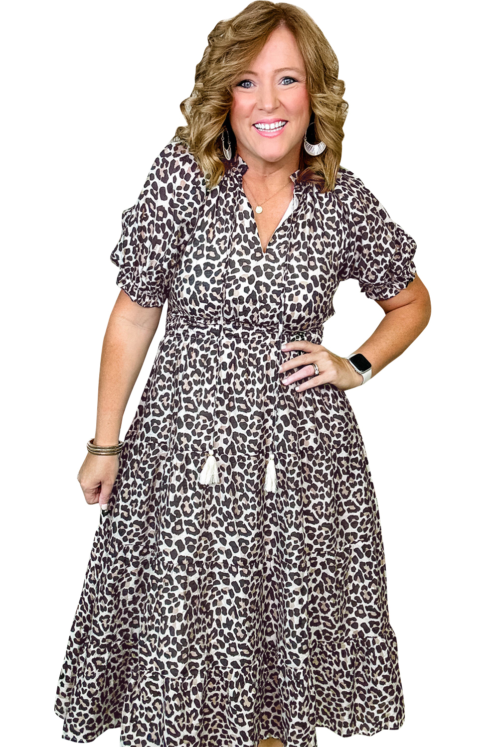 Black Leopard Patchwork Split Neck Ruffle Plus Size Dress