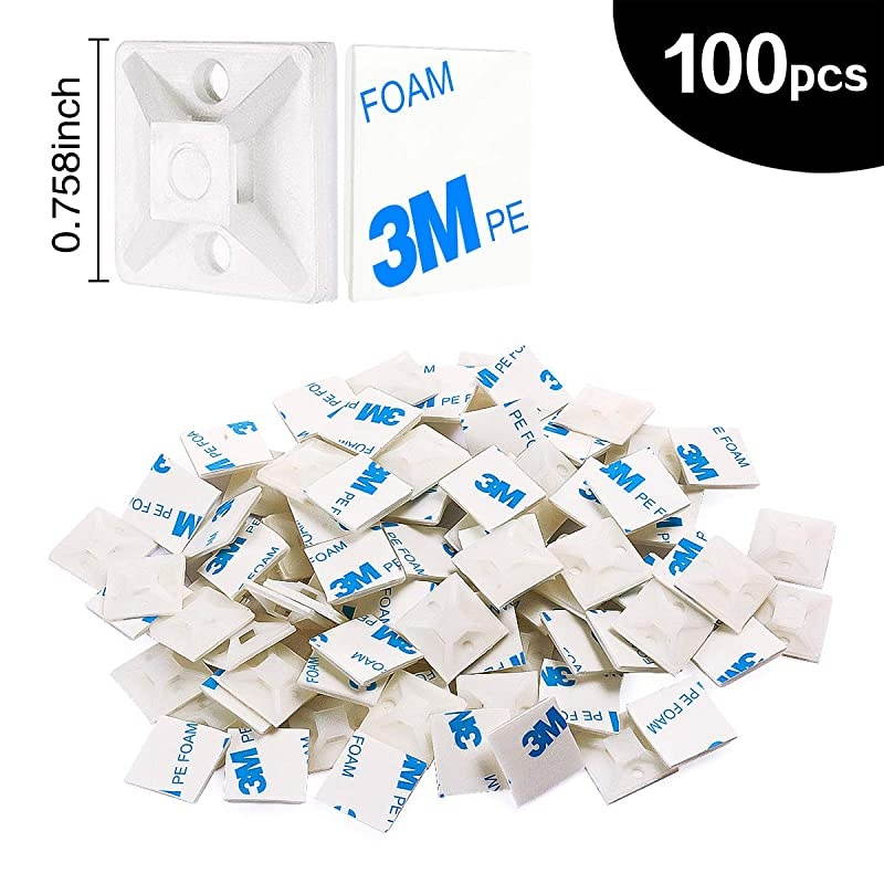 100 PCS 34 Cable Zip Tie Mounts Self Adhesive Wire Cable Clips Organizer Holders White