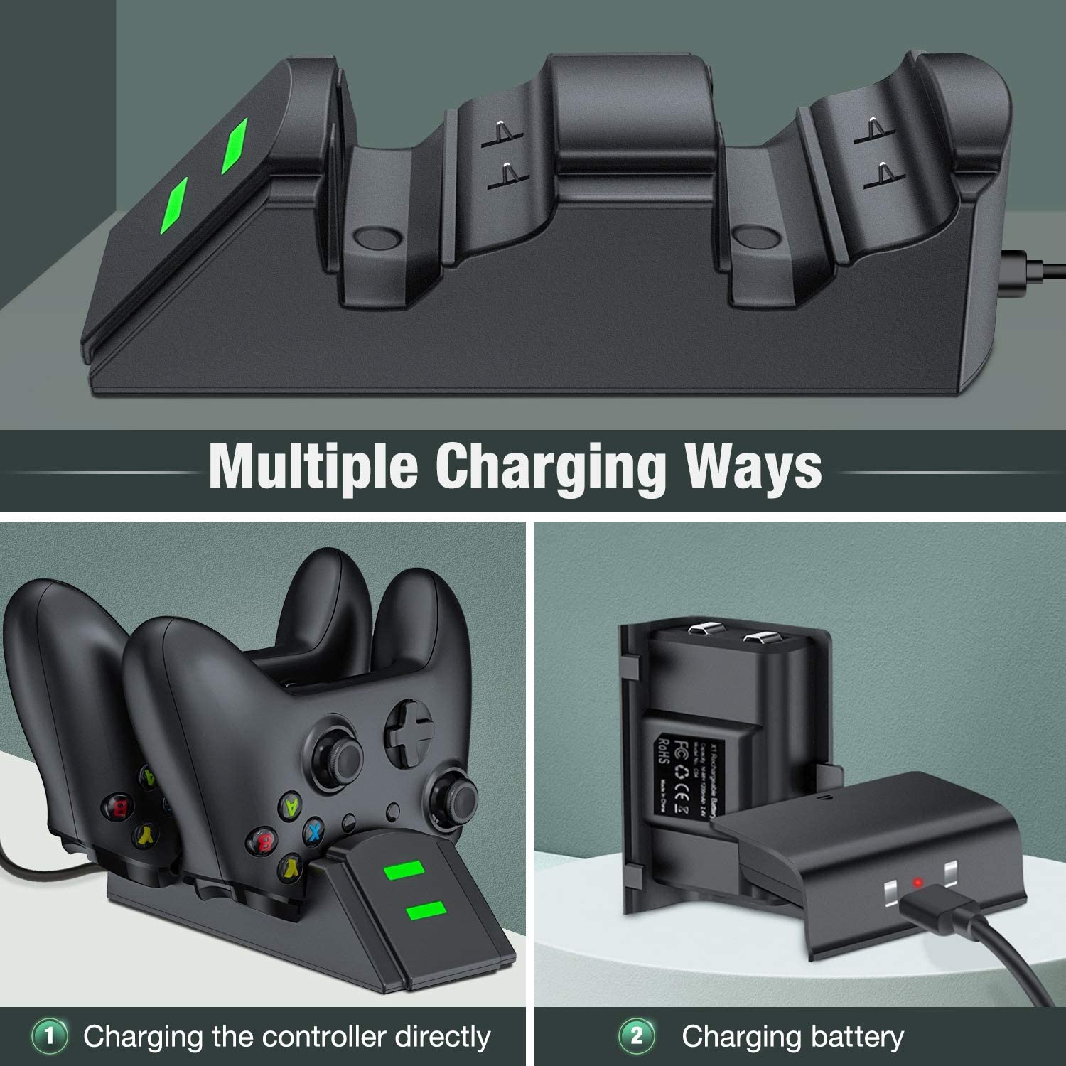 Xbox one Controller Charger Battery Packs, Controller Charging Station Compatible with Xbox One/One S/One X/One Elite, Charger for Xbox One Controller Battery Pack with 2 x 1200mAh Battery Packs
