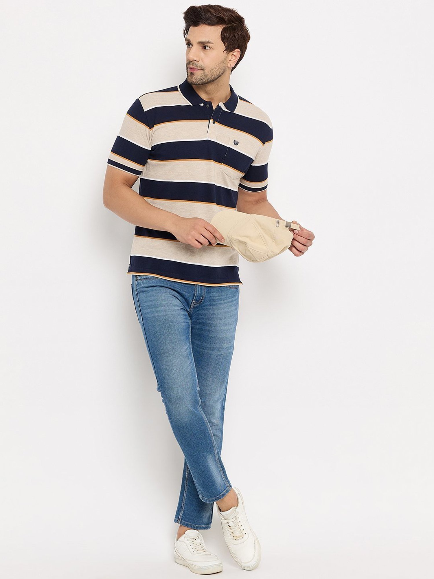 Duke Beige Regular Fit Striped Polo T-Shirt