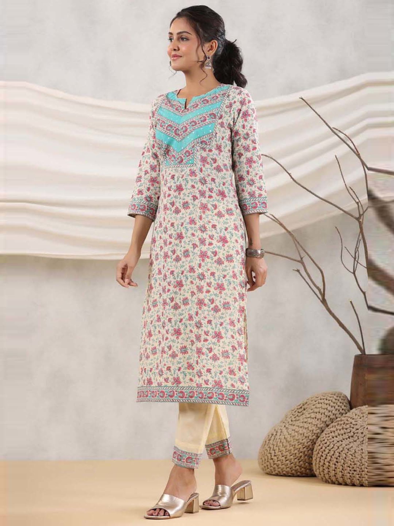 Rain and Rainbow Cream Cotton Floral Print Kurta Pant Set