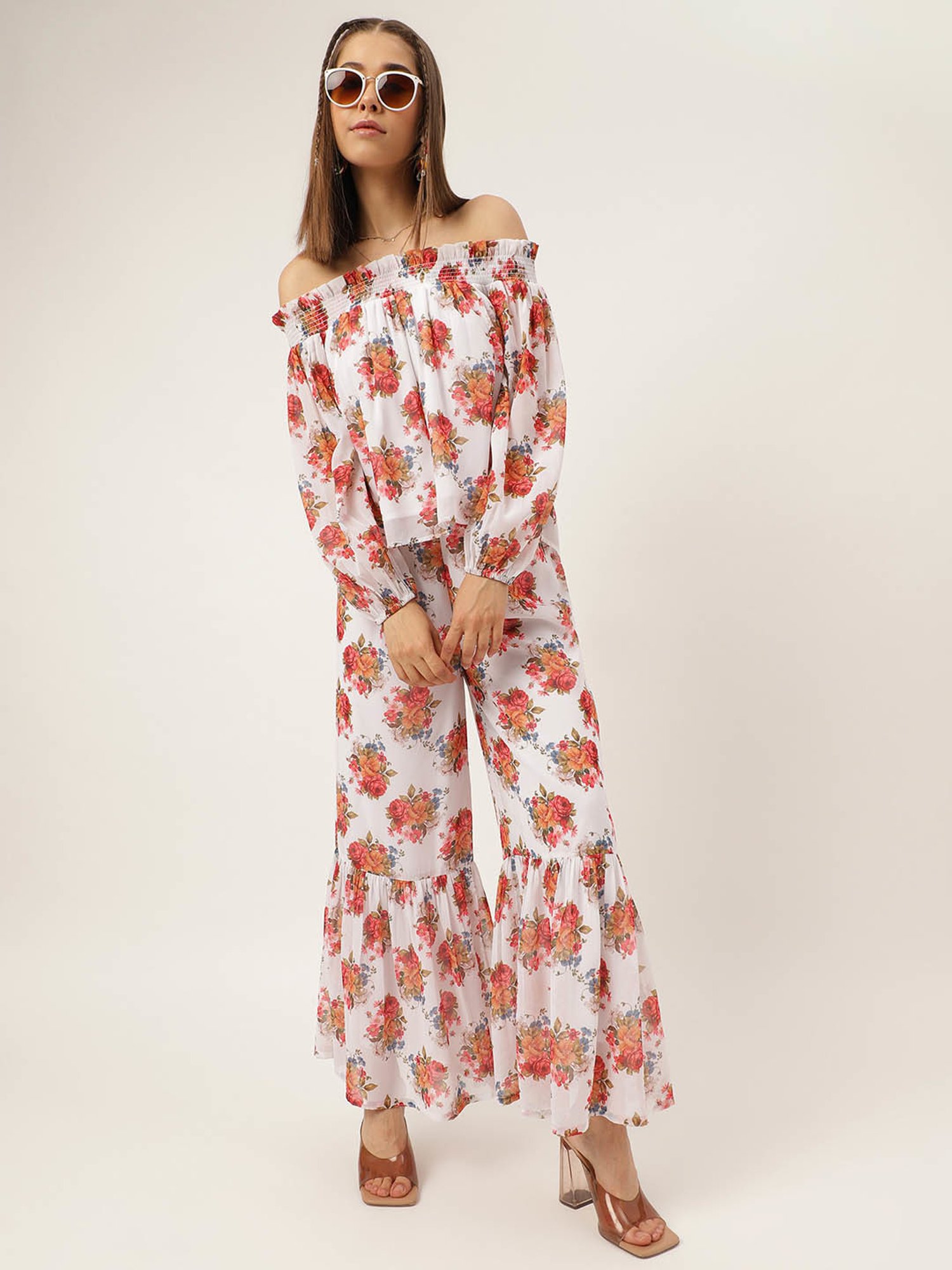 MASAKALI.CO White Floral Print Top With Sharara Pants