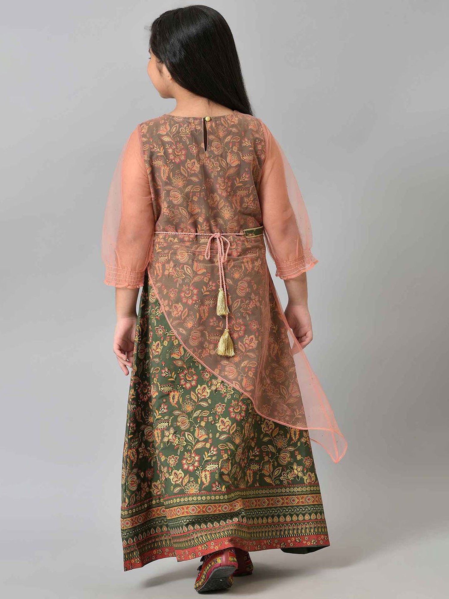 Aurelia Kids Green & Peach Floral Print Dress