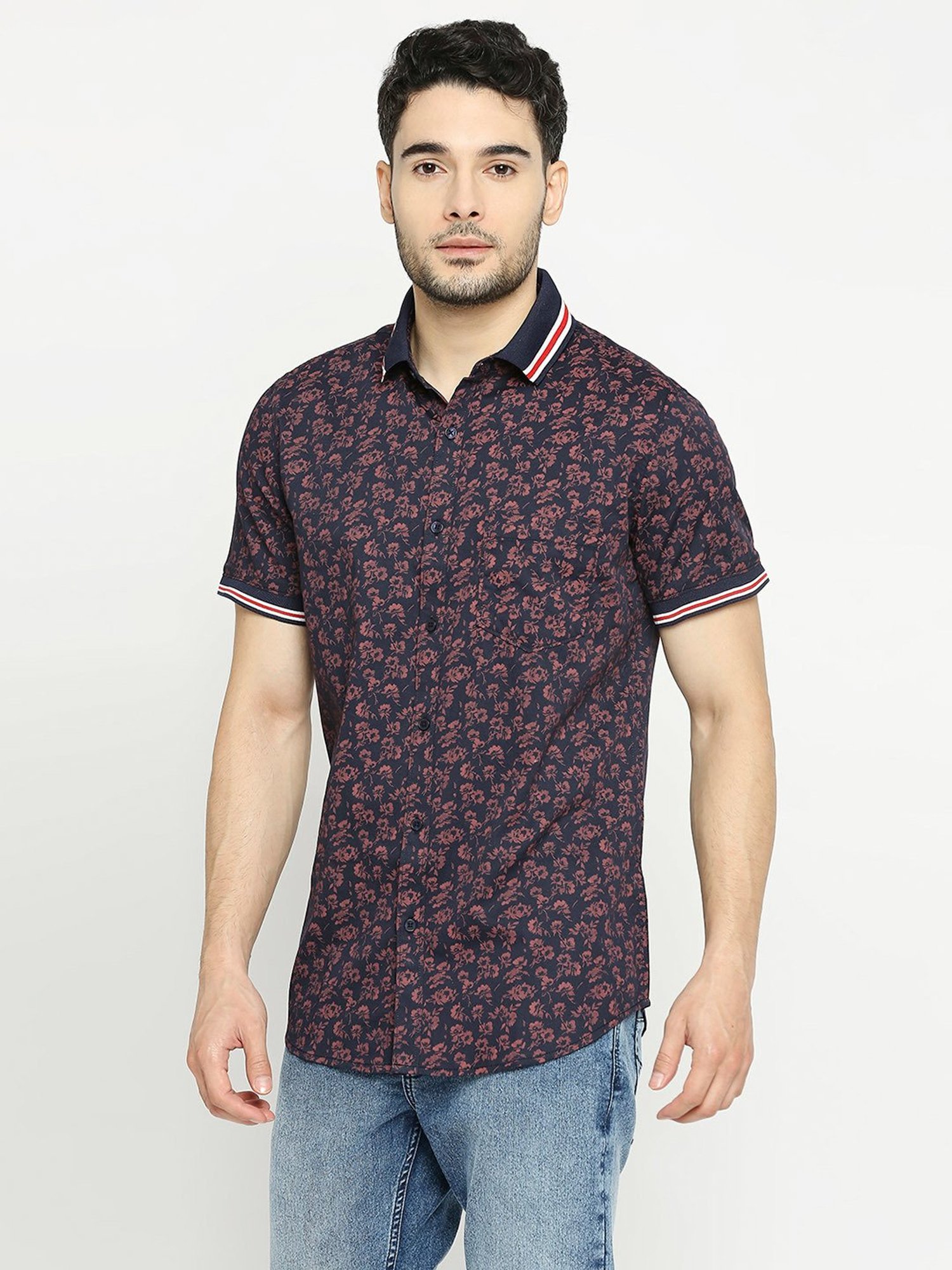 SOLEMIO Navy Slim Fit Printed Shirt
