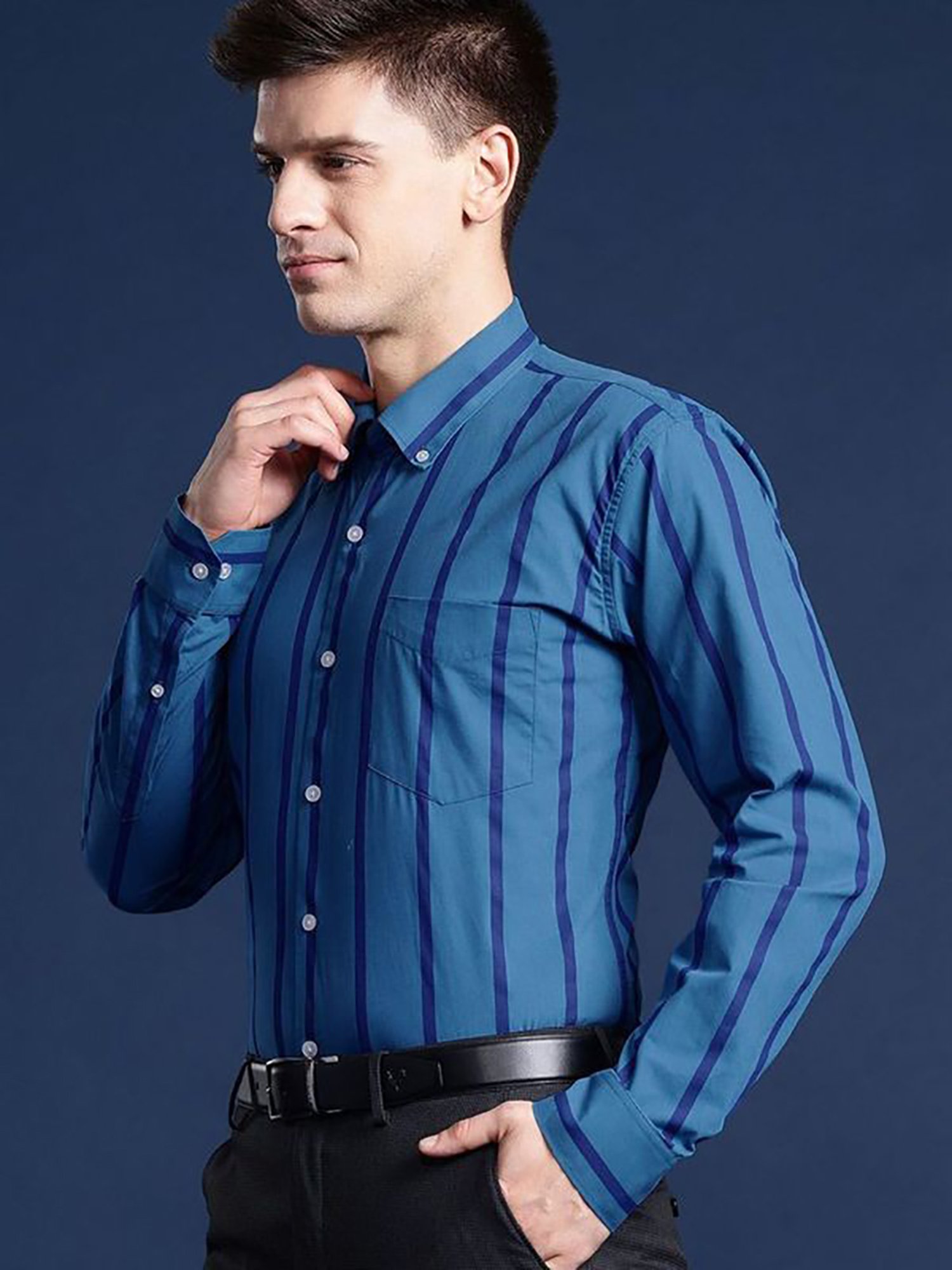 Hancock Blue Cotton Slim Fit Stripes Shirts