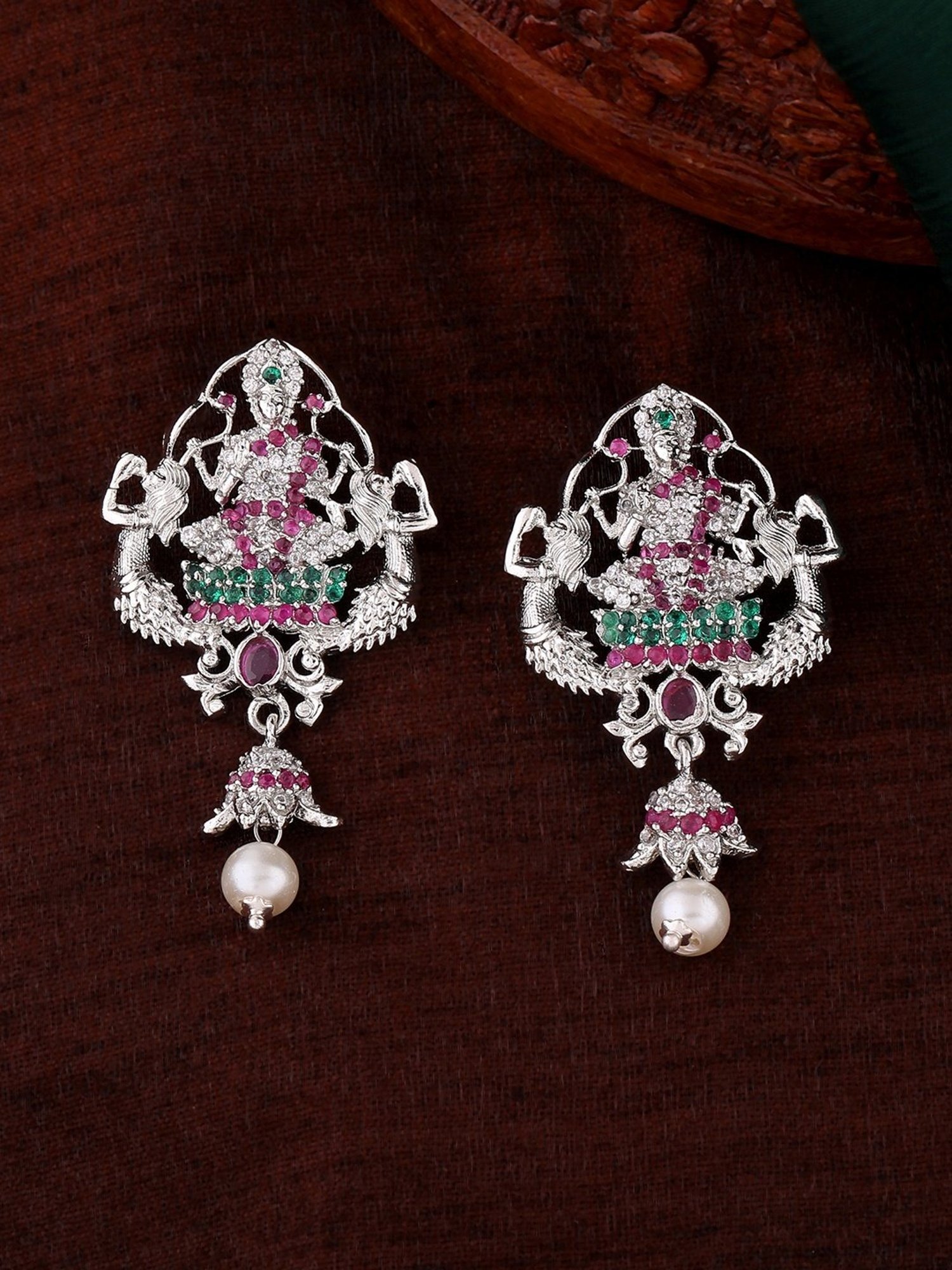 Estele Rhodium-Plated CZ Traditional Lakshmi Devi Design Dangler Earrings