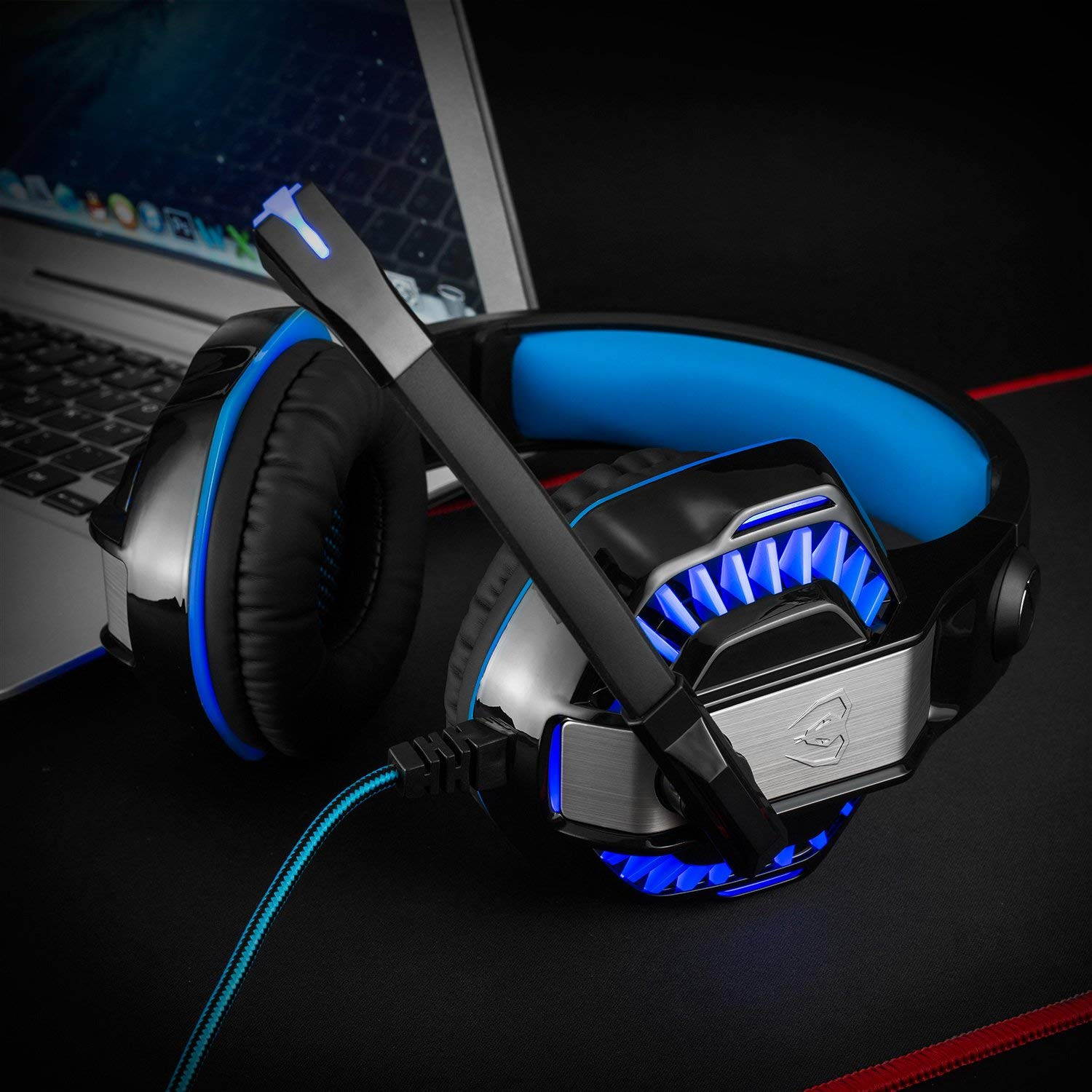 Beexcellent GM-2 Pro Gaming Over-Ear Headset with Mic, LED Lights and Volume Control Stereo Bass, Noise Cancelling, 3.5mm, for PS4 Xbox One, Laptop, PC, Tablet, Most Smartphones (Blue)