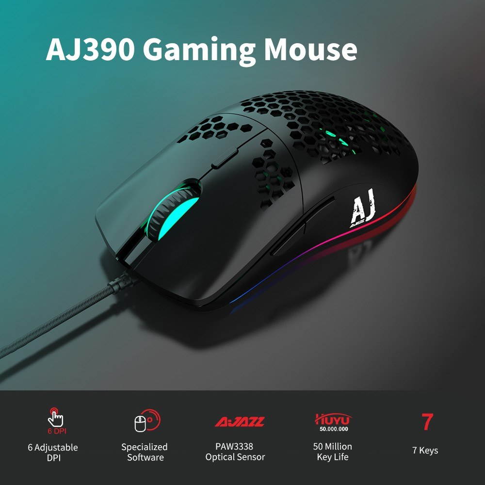 Ajazz AJ390 USB Wired Gaming Mouse with 7 Keys Adjustable DPI Ergonomic Design Hollowed-out Honeycomb Design