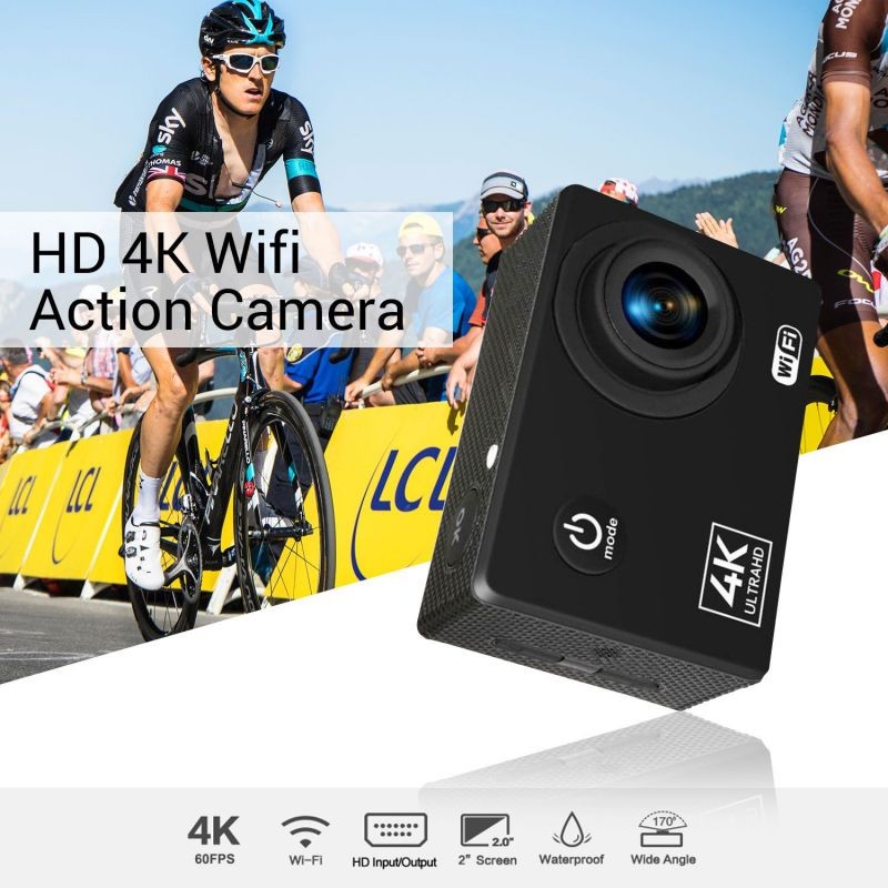 Sports Action Camera 4K 60FPS 2-inch HD Screen Underwater 30m 170 Degree Wide Angle Extended Memory with Waterproof Shell Built-in Li-ion Battery