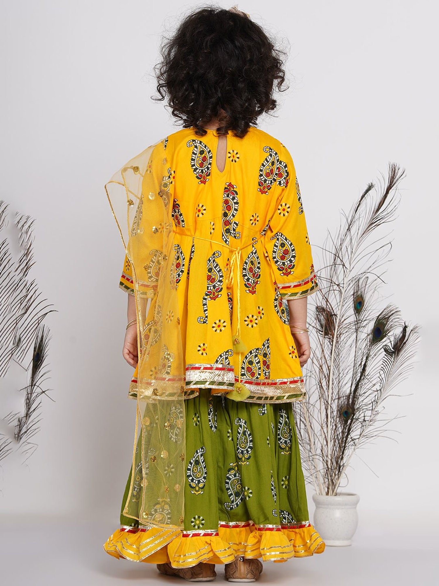 Little Bansi Yellow & Green Floral 1 Kurta, 1 Sharara & 1 Dupatta