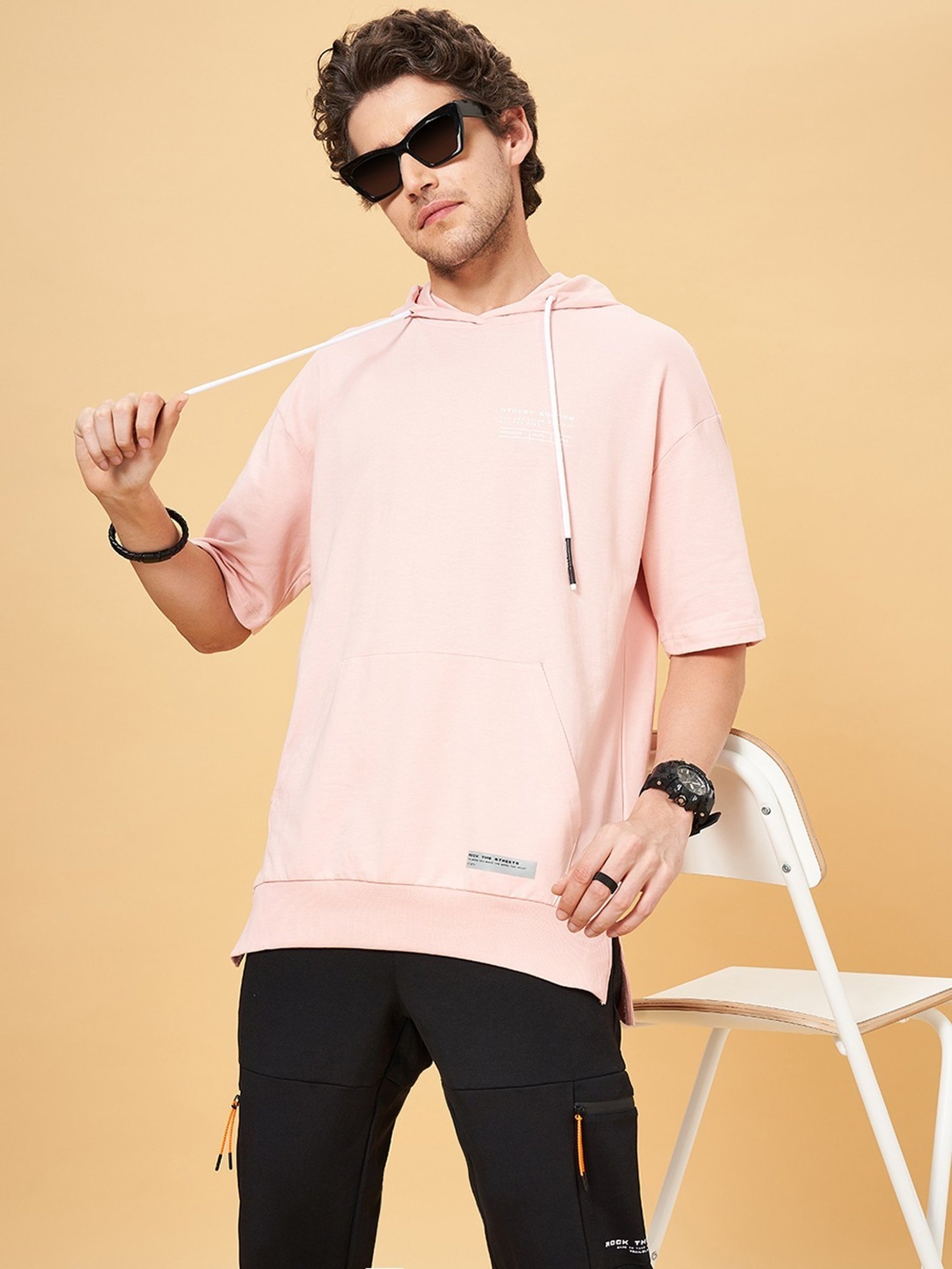 Street 808 by Pantaloons Pastel Pink Cotton Regular Fit Hooded T-Shirt