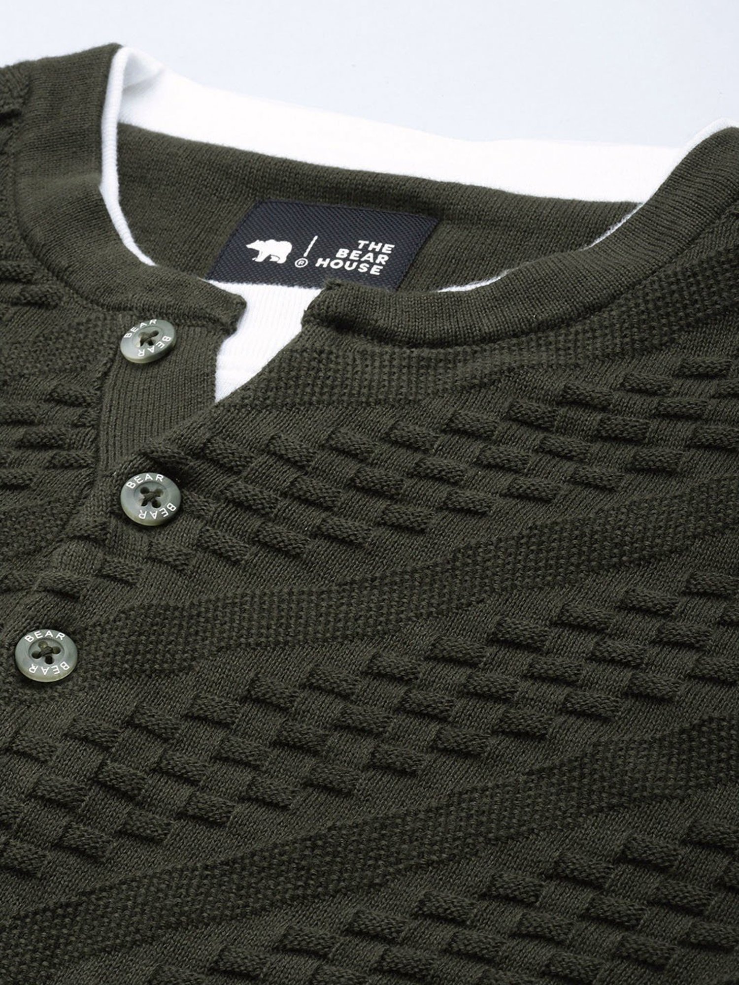 The Bear House Dark Green Slim Fit Self Design Sweater