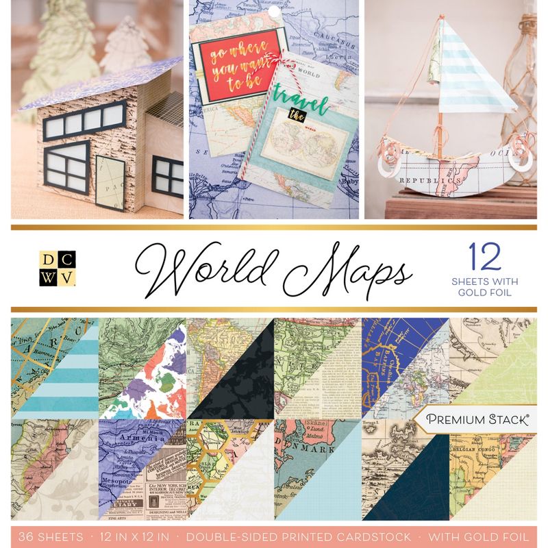 DCWV Double-Sided Cardstock Stack 12"X12" 36/Pkg-World Maps W/Foil Accents