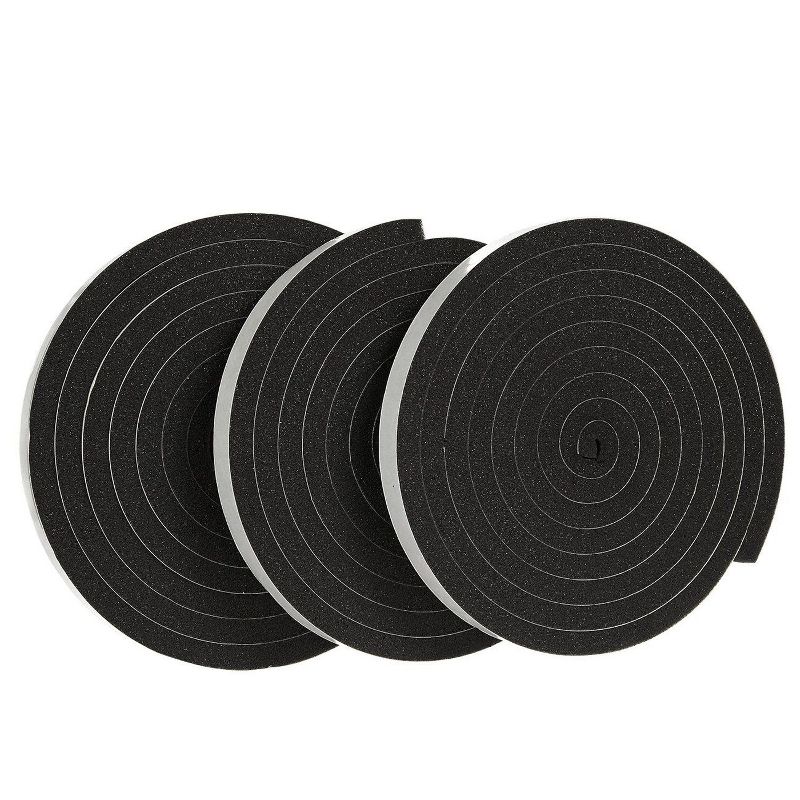 Juvale 3 Pack Black Adhesive Weather Stripping Weatherstrip Foam Tape, 10 feet Length