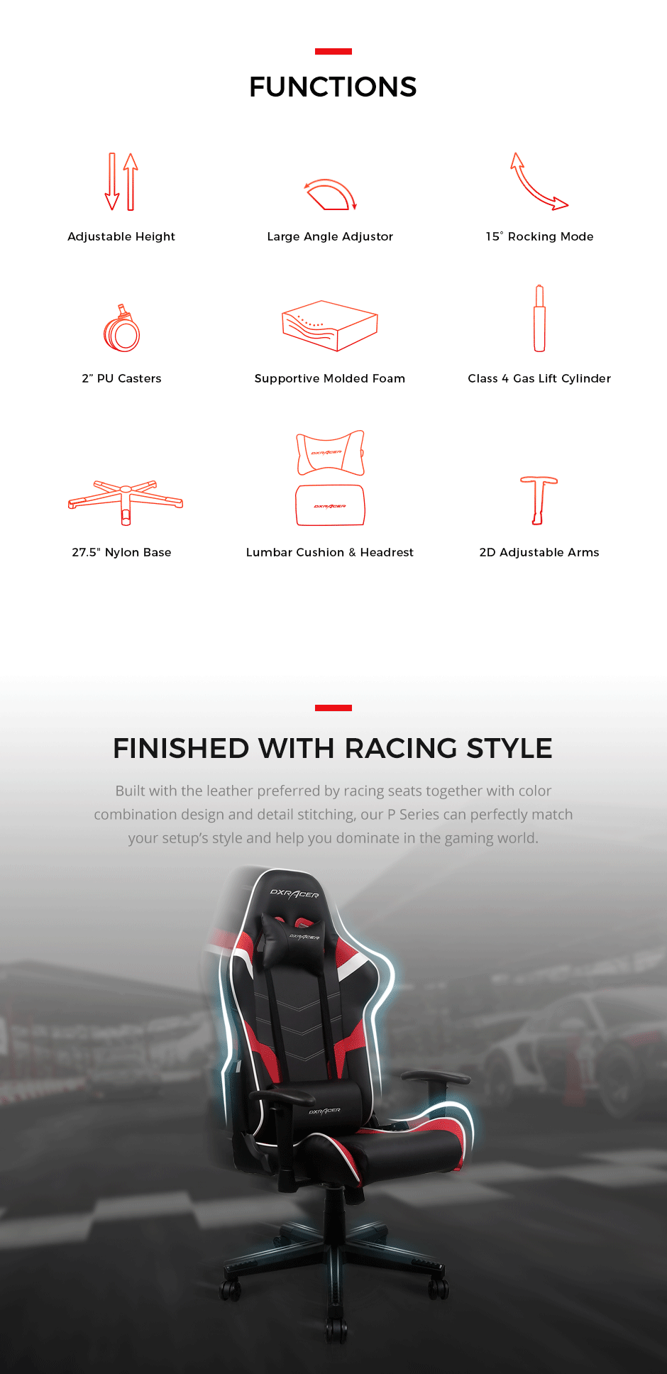 DXRacer Ergonomically Modular Gaming Chair P Series - PC188 - Black, Red and White