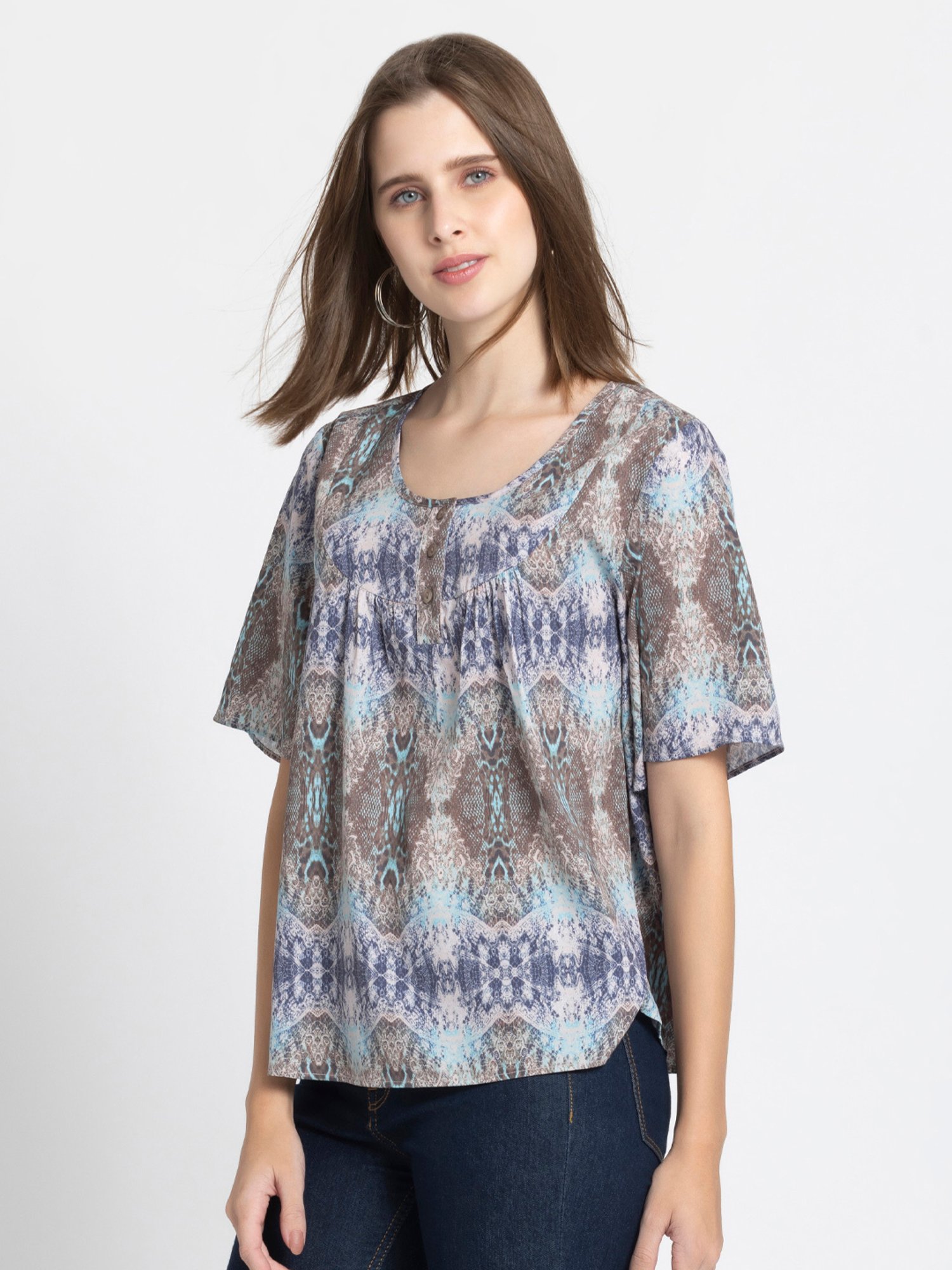 SHAYE Grey & Blue Printed Top