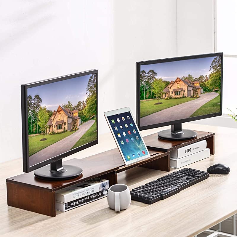 Bamboo Dual Monitor Stand Riser with Length and Angle Adjustable, 3 Shelf Multifunctional Screen Desktop Organizer for Laptop Computer, TV, PC, Printer, Multi Media Speaker-Walnut &hellip;