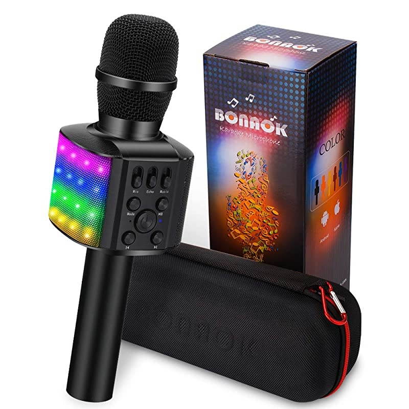 Wireless Bluetooth Karaoke Microphone with controllable LED Lights, 4 in 1 Portable Karaoke Machine Mic Speaker Birthday Home Party for All Smartphones PC(Q36 Black)