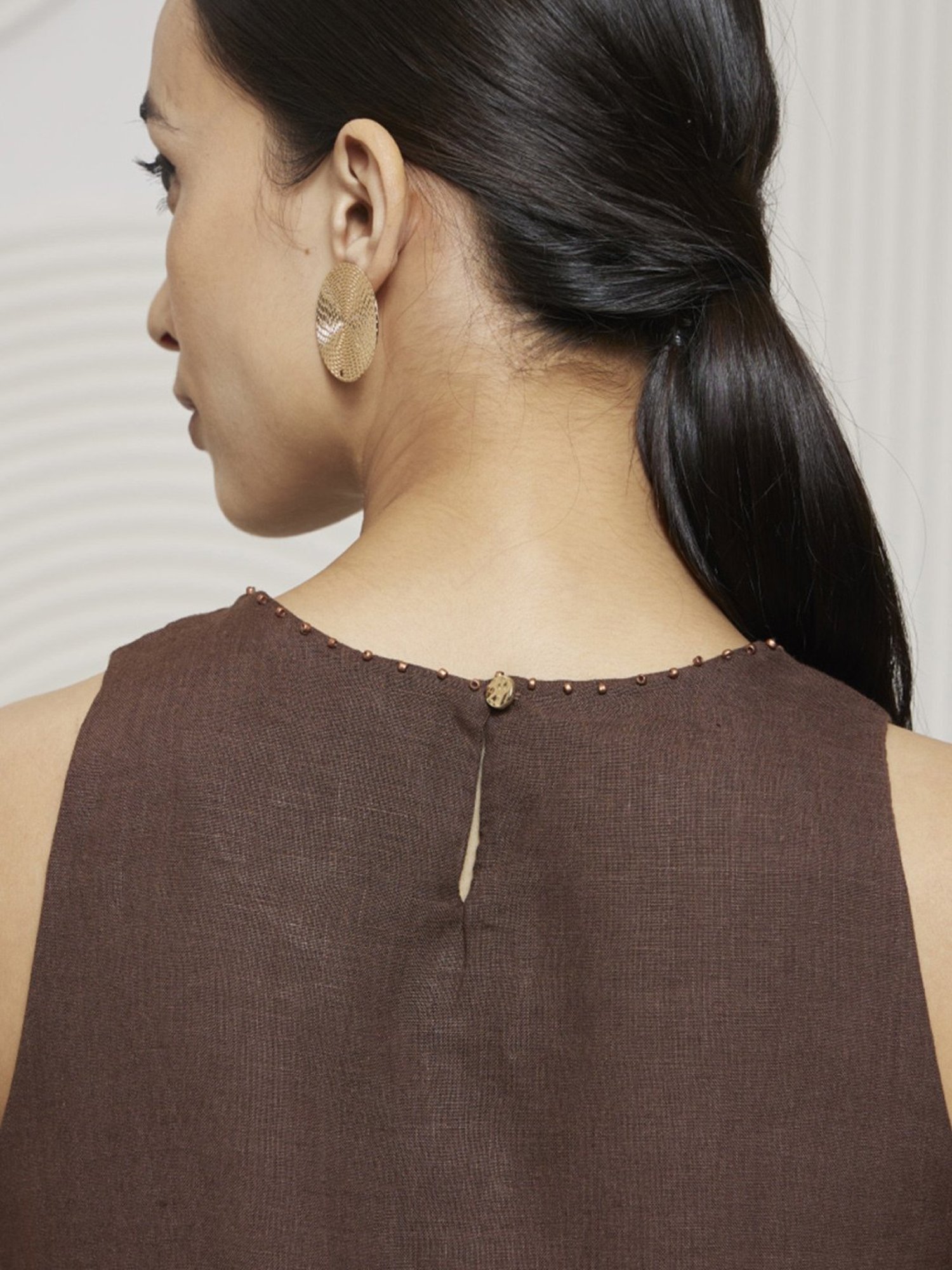 Artagai Chocolate Kantha Knee Length Dress With High Low Hem