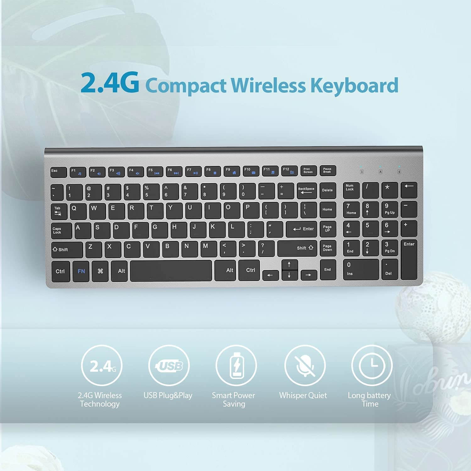 Wireless Keyboard J JOYACCESS 2.4G Slim and Compact Wireless Keyboard (Black and Grey)